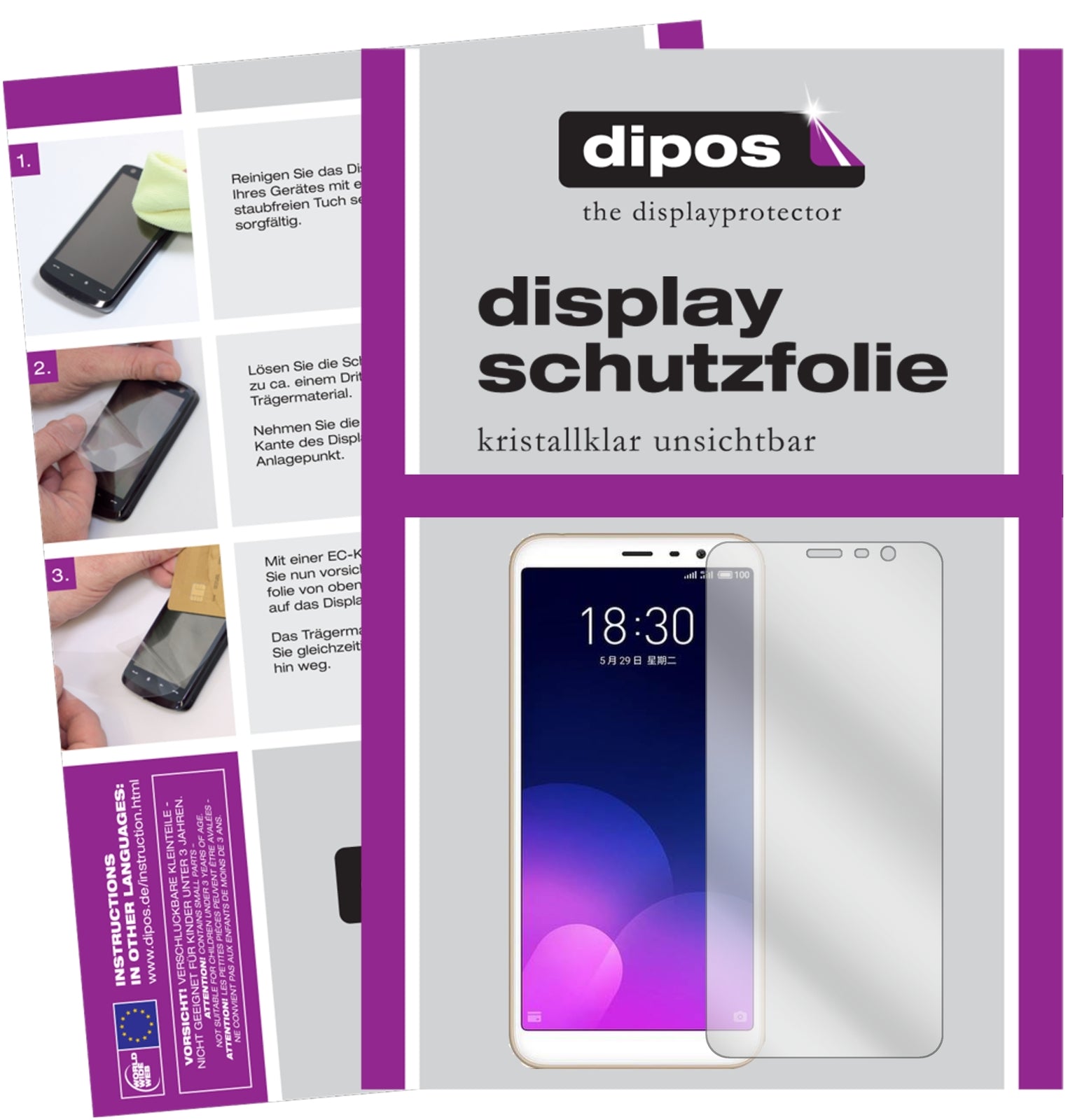 Klare Displayschutzfolie von dipos passend für Meizu M6T, präziser Zuschnitt und blasenfrei montiert