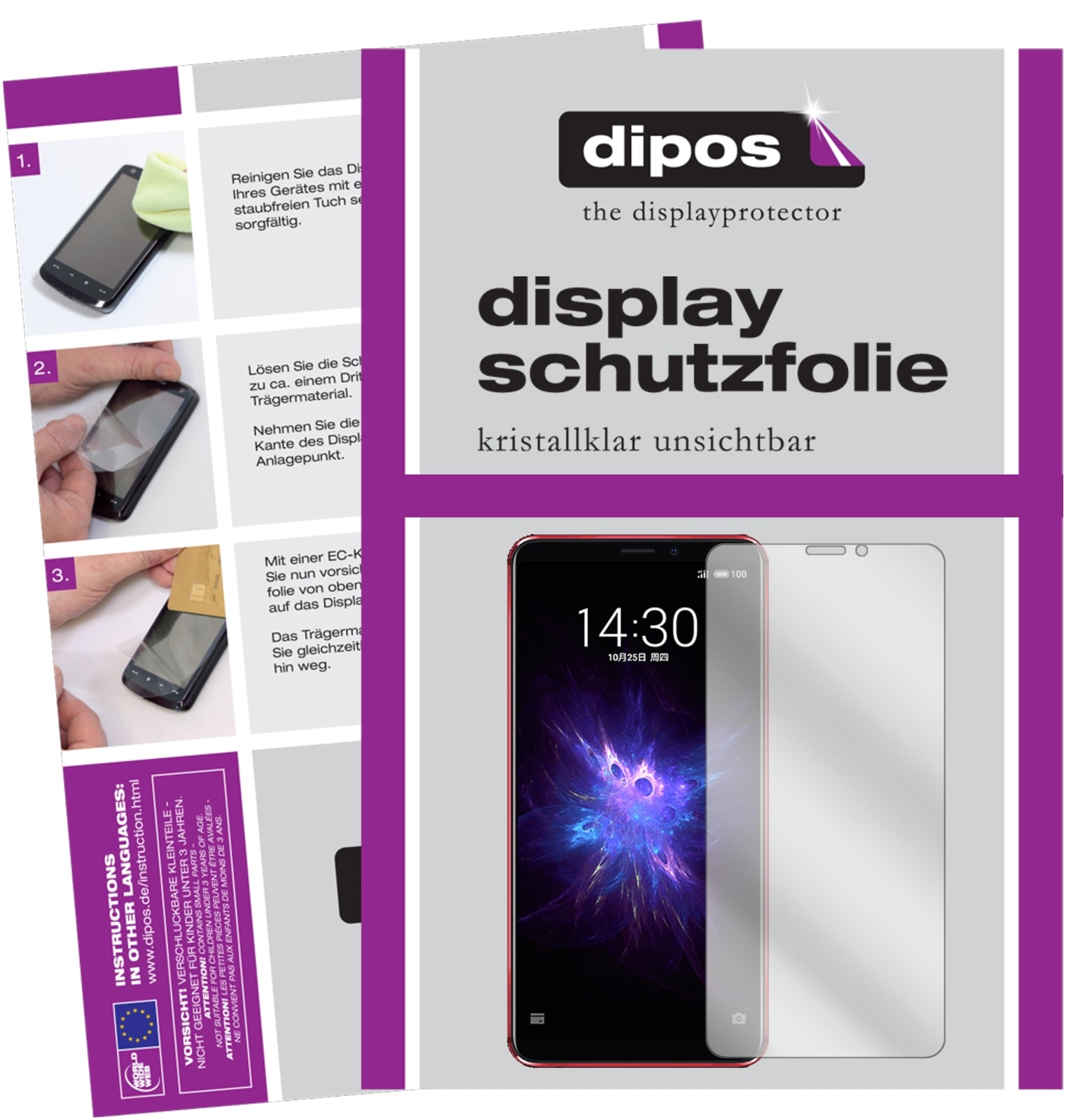 Klare Displayschutzfolie von dipos passend für Meizu Note 8, präziser Zuschnitt und blasenfrei montiert