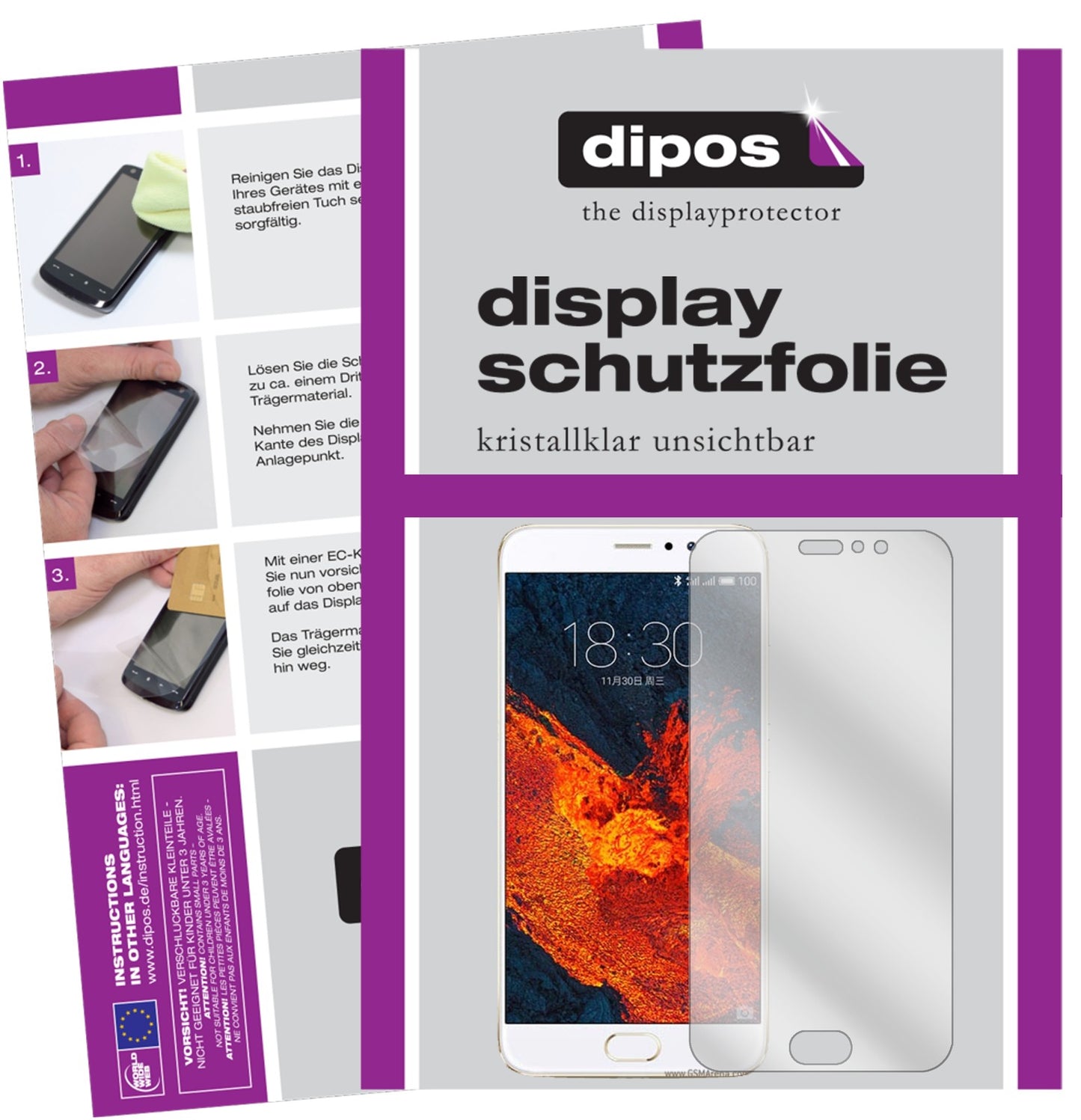 Klare Displayschutzfolie von dipos passend für Meizu Pro 6 Plus, präziser Zuschnitt und blasenfrei montiert