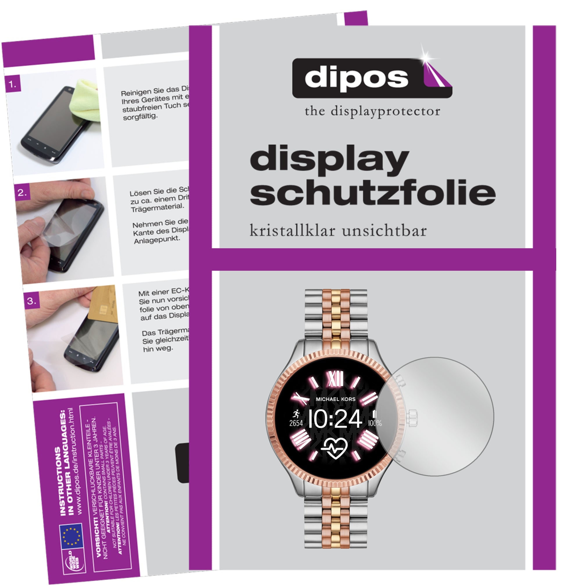 Klare Displayschutzfolie von dipos passend für Michael Kors Lexington 2, präziser Zuschnitt und blasenfrei montiert