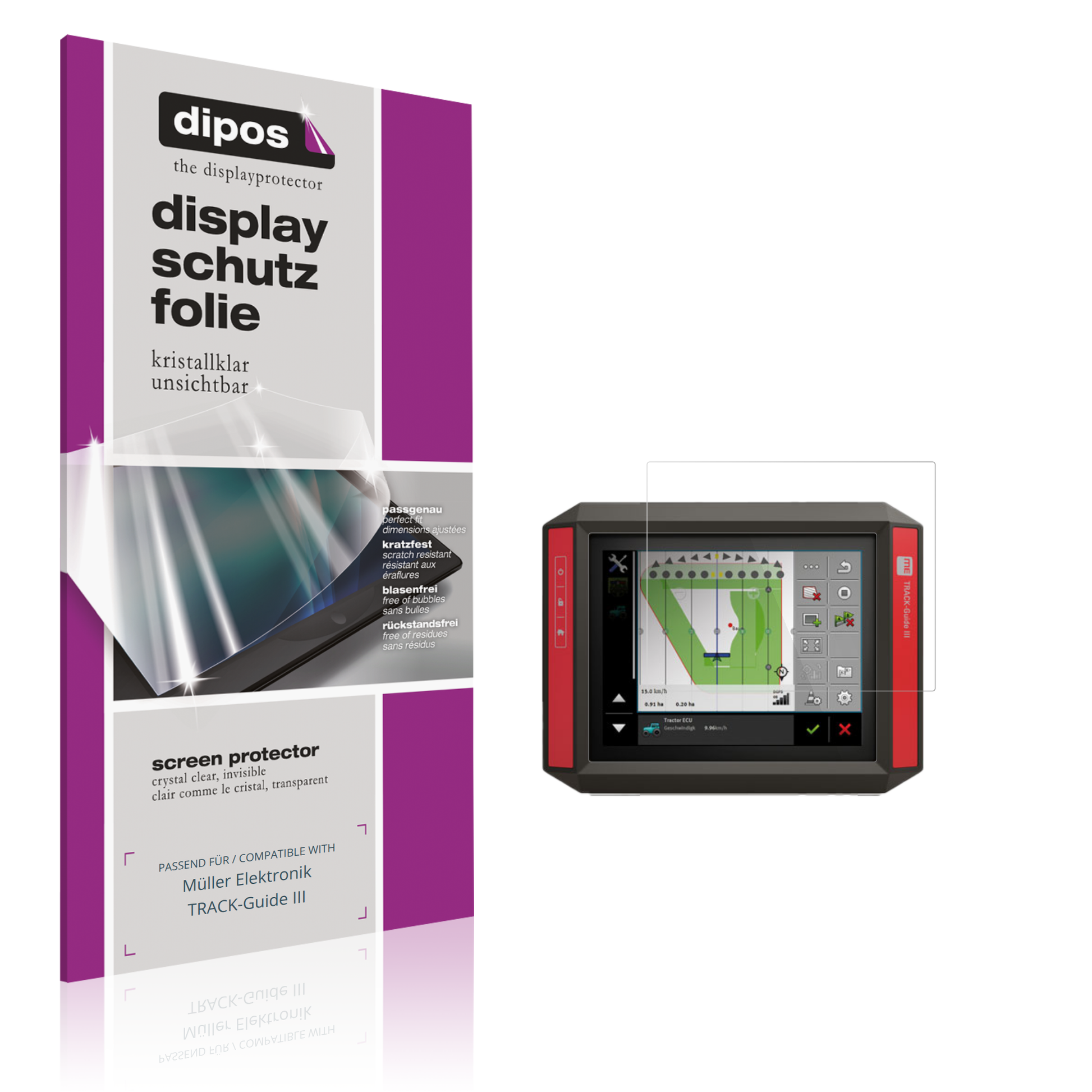 Klare Displayschutzfolie von dipos passend für Müller Elektronik TRACK-Guide III, präziser Zuschnitt und blasenfrei montiert
