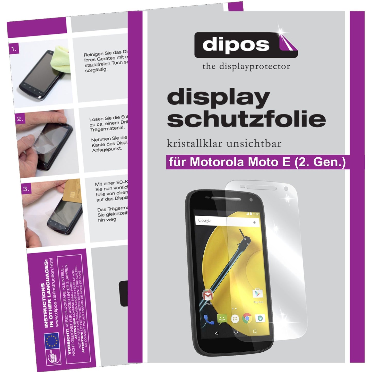 Klare Displayschutzfolie von dipos passend für Moto E (2. Gen.) Motorola, präziser Zuschnitt und blasenfrei montiert