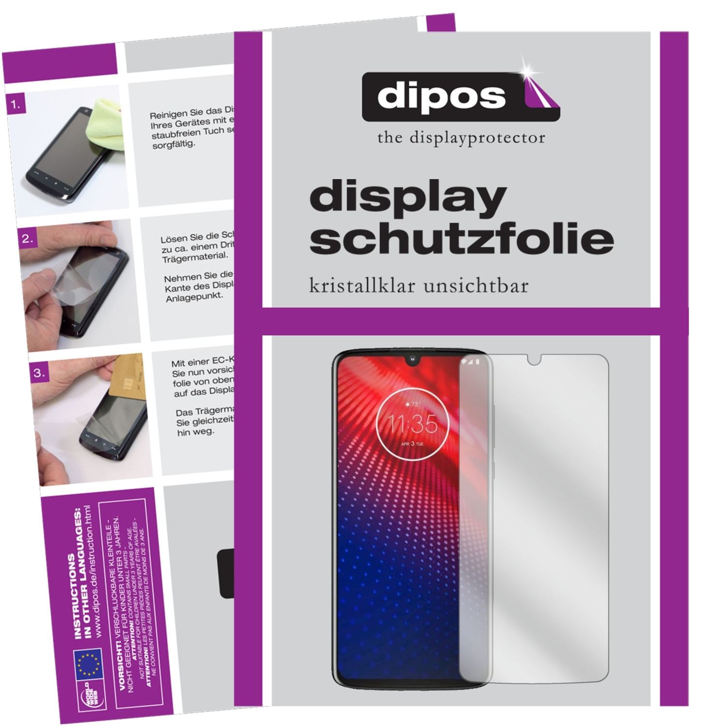 Klare Displayschutzfolie von dipos passend für Motorola Moto Z4, präziser Zuschnitt und blasenfrei montiert