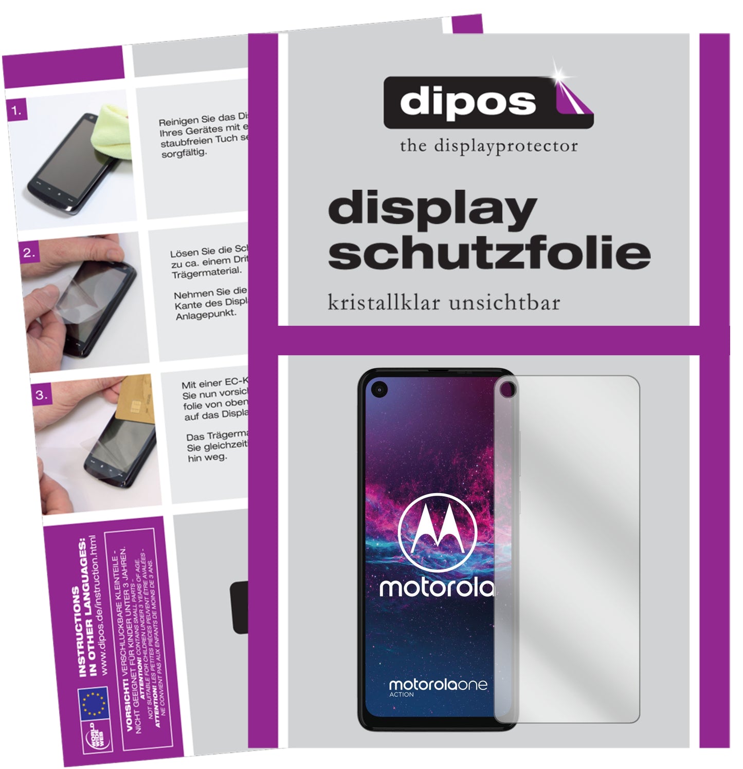 Klare Displayschutzfolie von dipos passend für Motorola One Action, präziser Zuschnitt und blasenfrei montiert