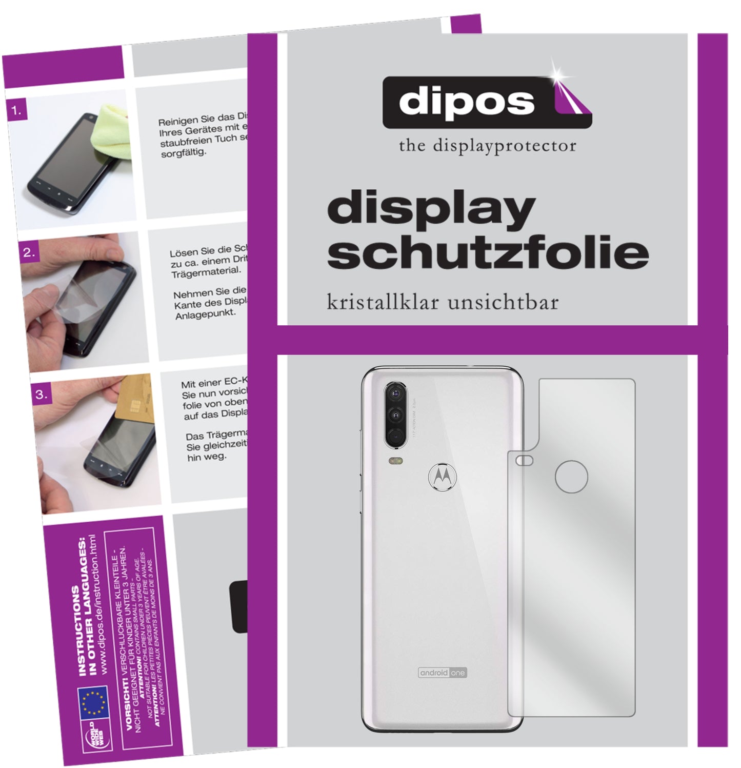 Klare Displayschutzfolie von dipos passend für Motorola One Action Rückseite, präziser Zuschnitt und blasenfrei montiert