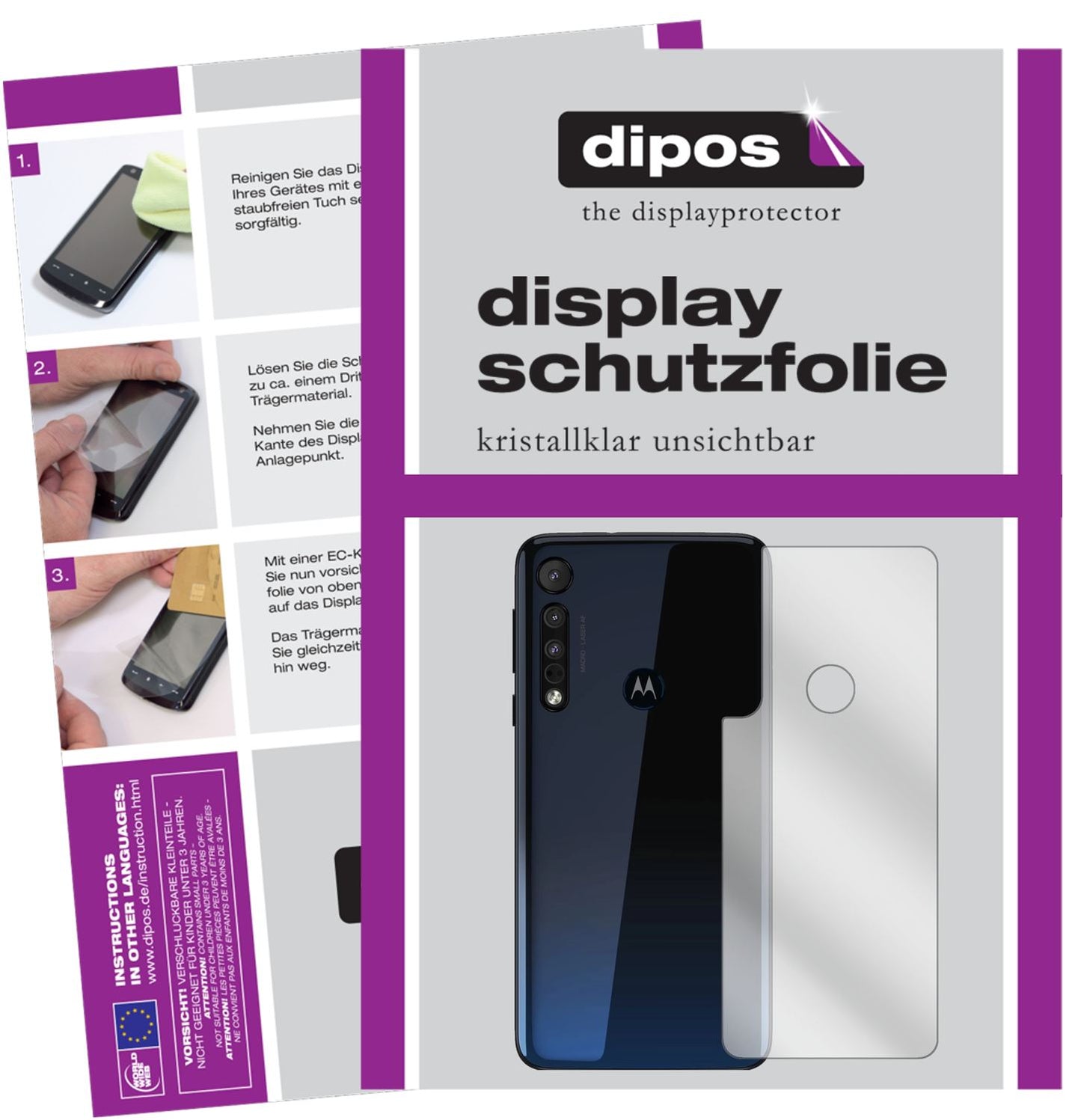 Klare Displayschutzfolie von dipos passend für Motorola One Macro Rückseite, präziser Zuschnitt und blasenfrei montiert