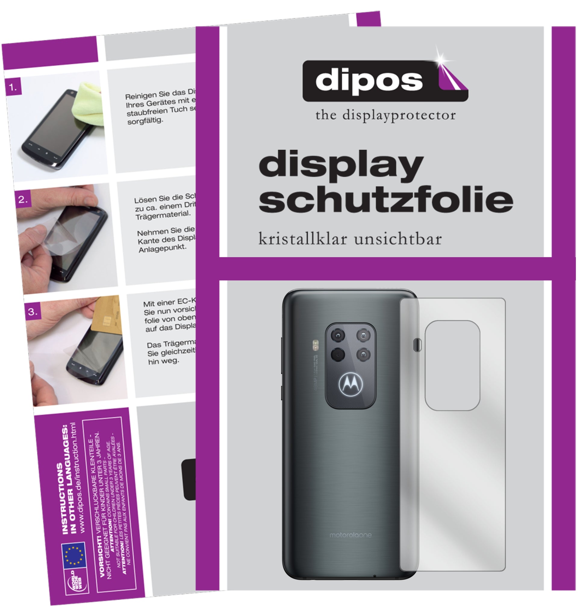 Klare Displayschutzfolie von dipos passend für Motorola One Zoom Rückseite, präziser Zuschnitt und blasenfrei montiert