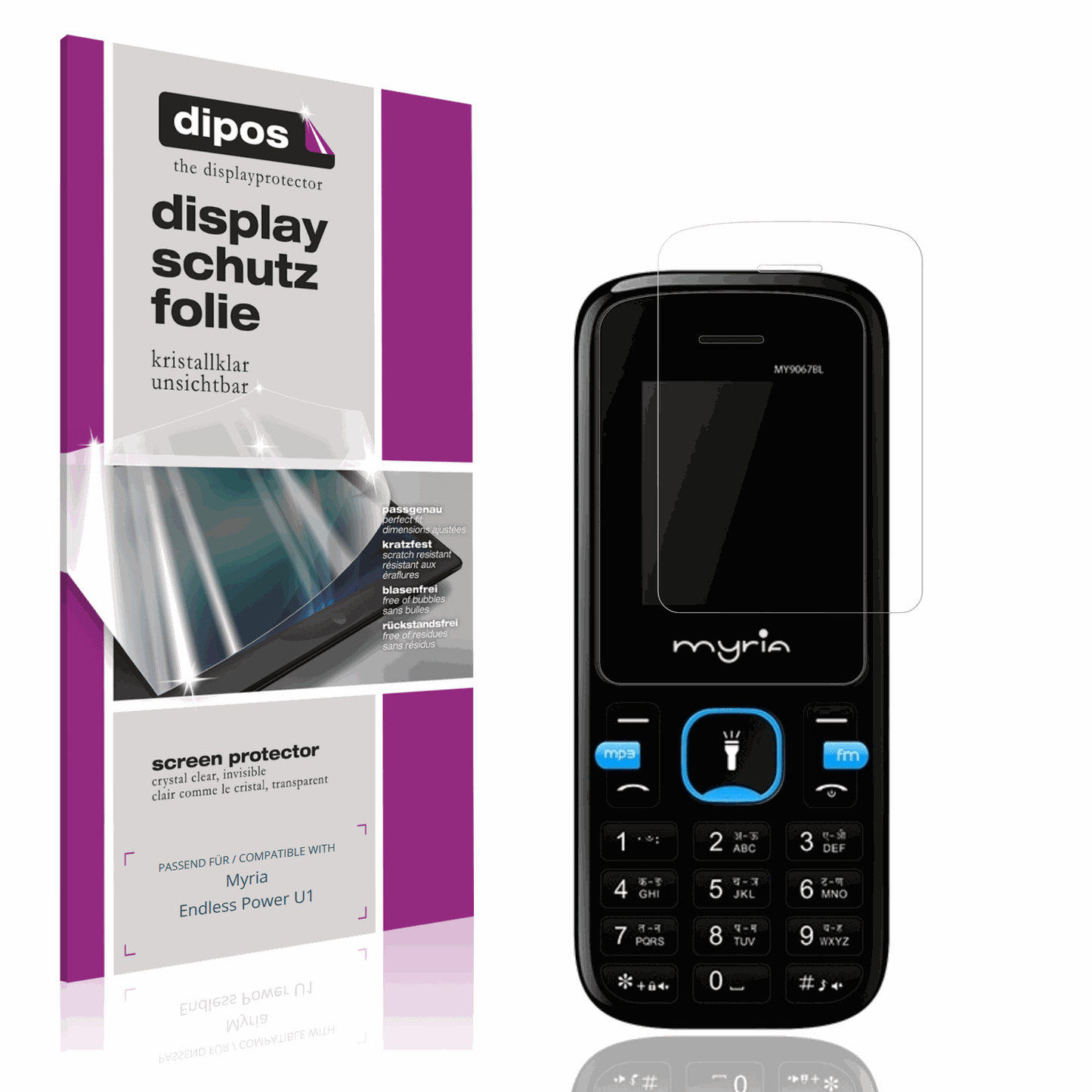 Klare Displayschutzfolie von dipos passend für Myria Endless Power U1, präziser Zuschnitt und blasenfrei montiert