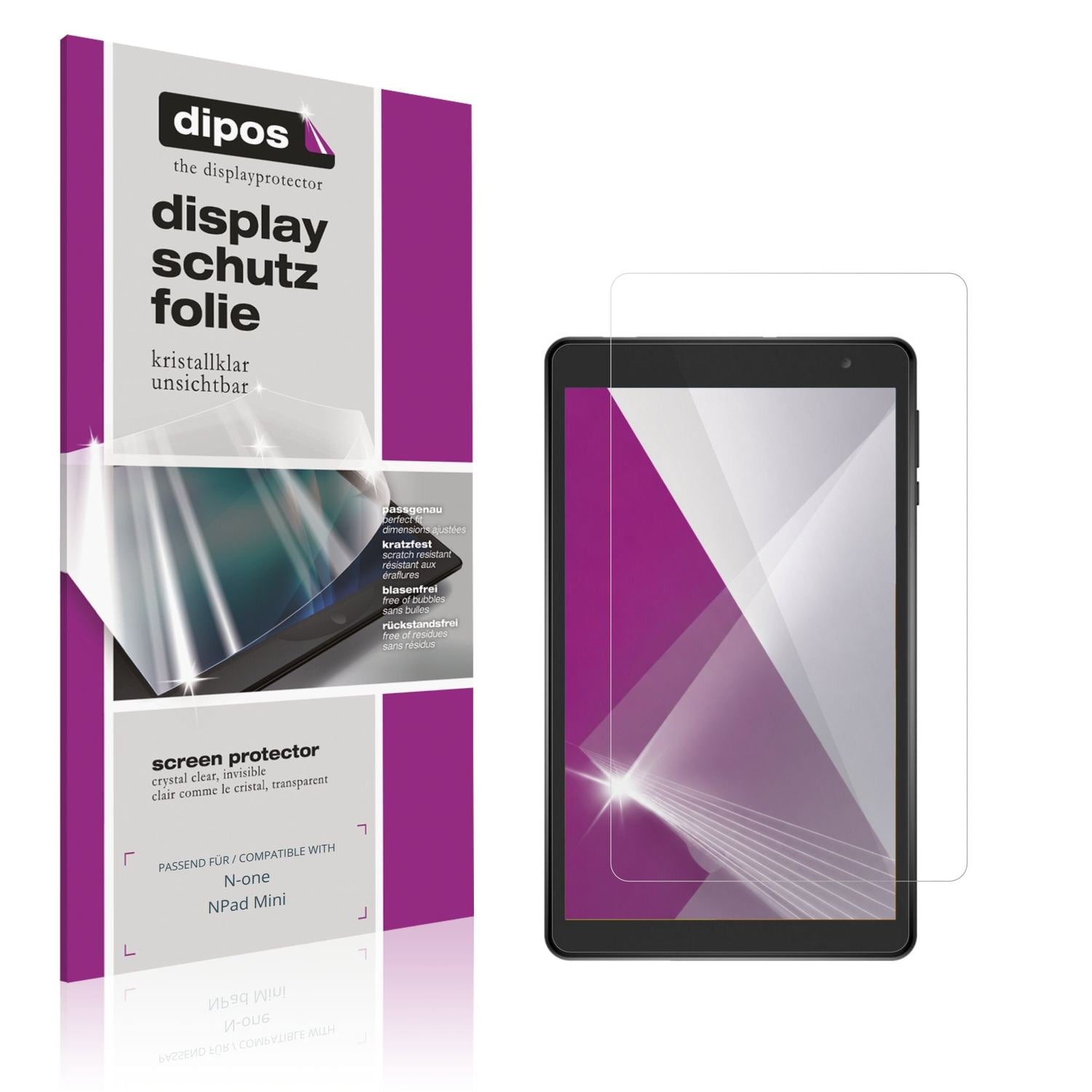 Klare Displayschutzfolie von dipos passend für N-one NPad Mini, präziser Zuschnitt und blasenfrei montiert