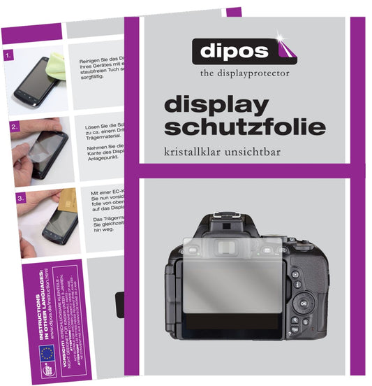 Klare Displayschutzfolie von dipos passend für Nikon 5500, präziser Zuschnitt und blasenfrei montiert