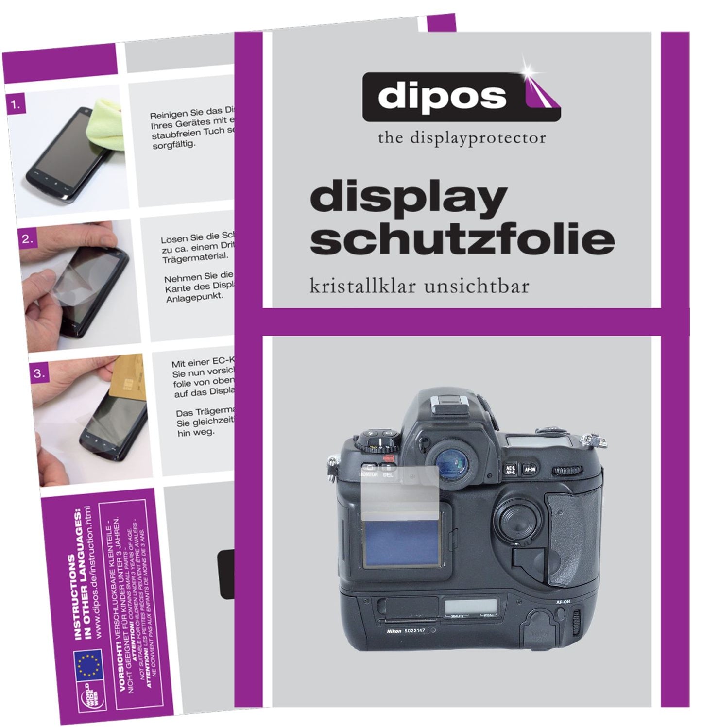 Klare Displayschutzfolie von dipos passend für Nikon D1, präziser Zuschnitt und blasenfrei montiert