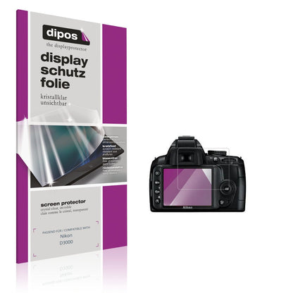 Klare Displayschutzfolie von dipos passend für Nikon D3000, präziser Zuschnitt und blasenfrei montiert