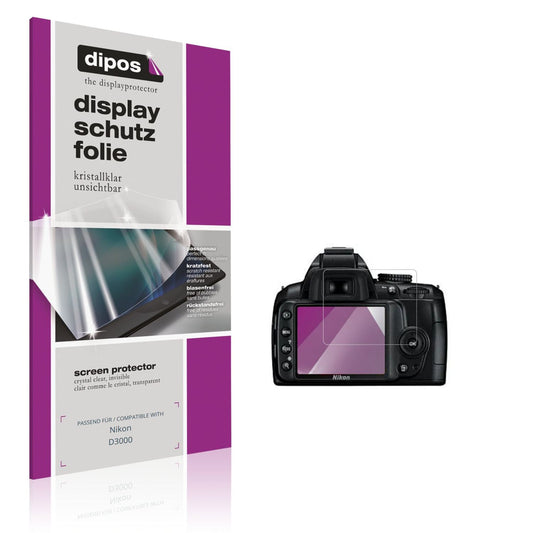 Klare Displayschutzfolie von dipos passend für Nikon D3000, präziser Zuschnitt und blasenfrei montiert