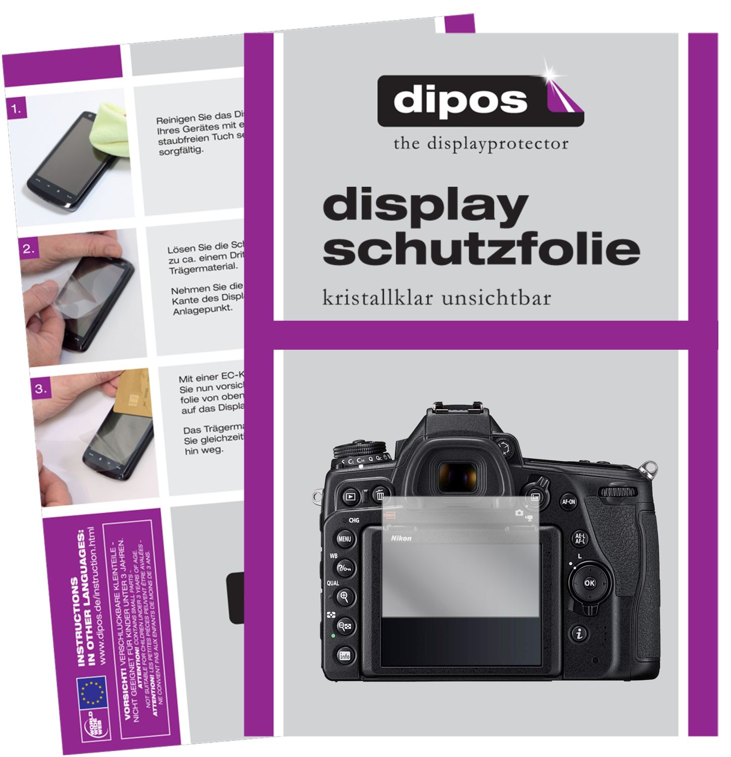 Klare Displayschutzfolie von dipos passend für Nikon DSLR D780, präziser Zuschnitt und blasenfrei montiert