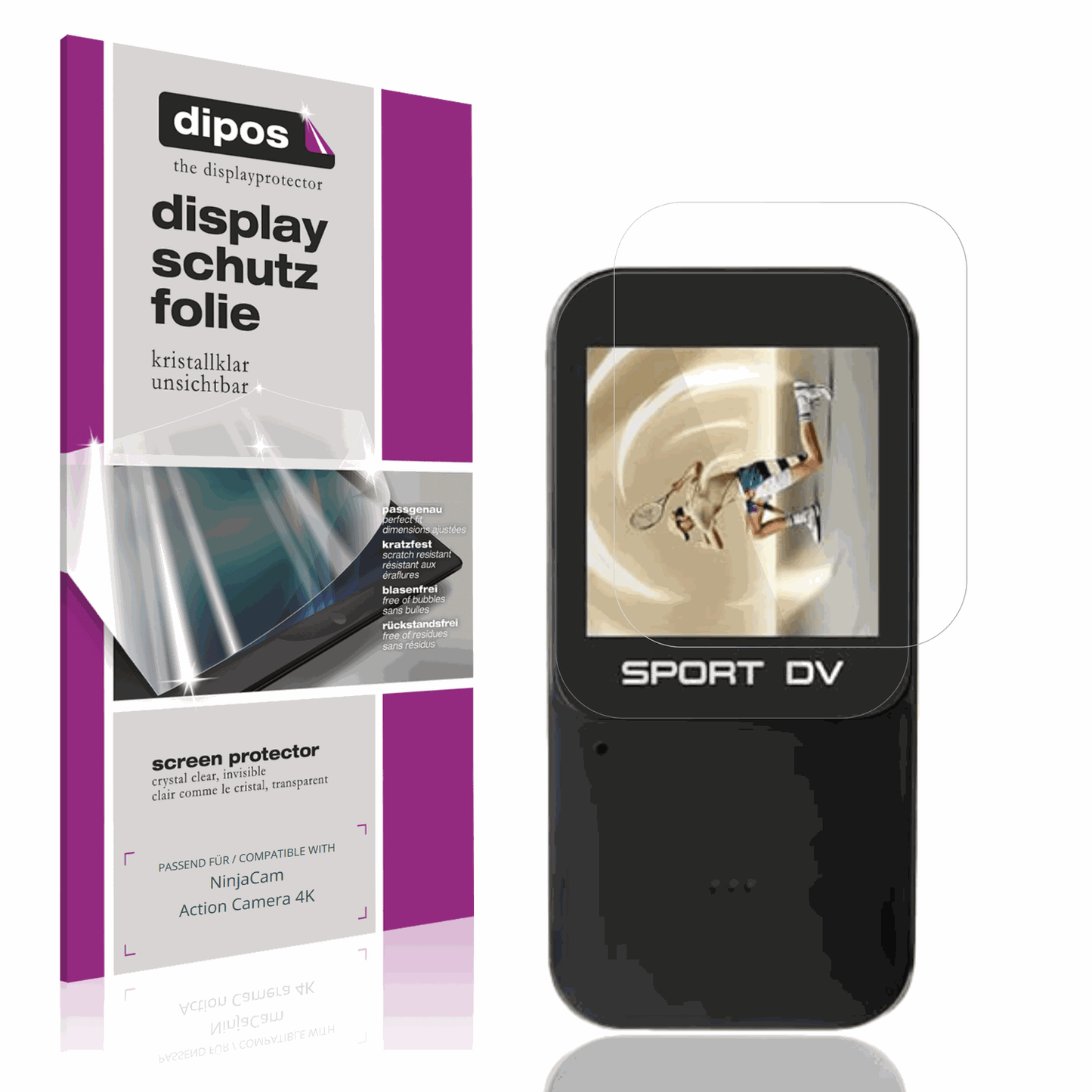 Klare Displayschutzfolie von dipos passend für NinjaCam Action Camera 4K, präziser Zuschnitt und blasenfrei montiert