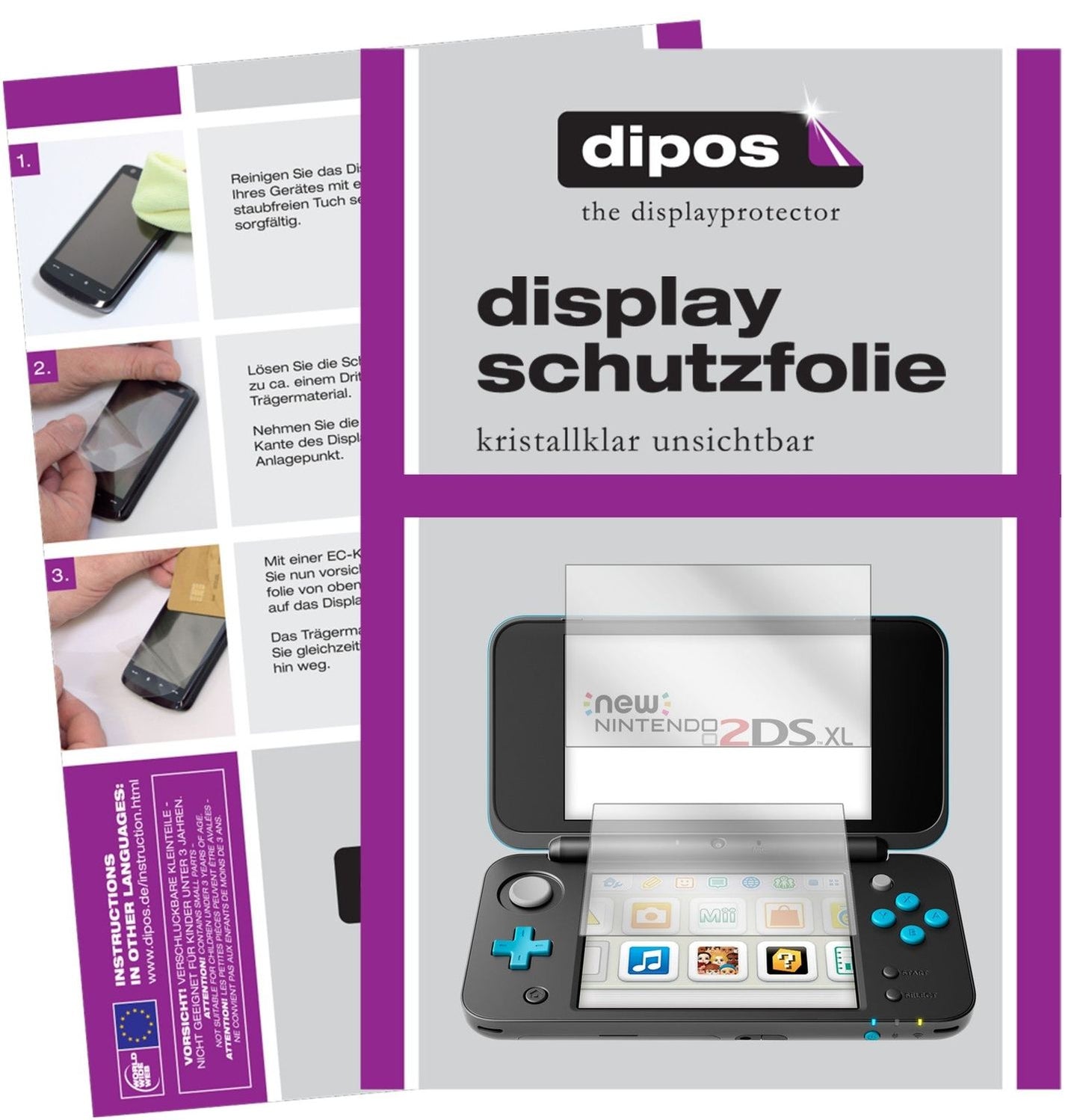Klare Displayschutzfolie von dipos passend für Nintendo 2DS XL, präziser Zuschnitt und blasenfrei montiert