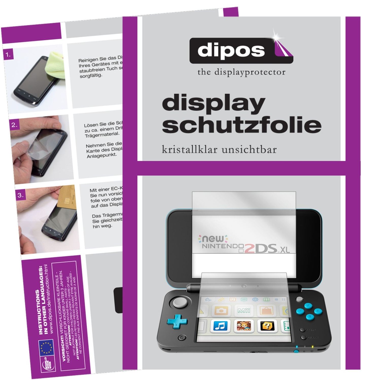 Klare Displayschutzfolie von dipos passend für Nintendo 2DS XL, präziser Zuschnitt und blasenfrei montiert