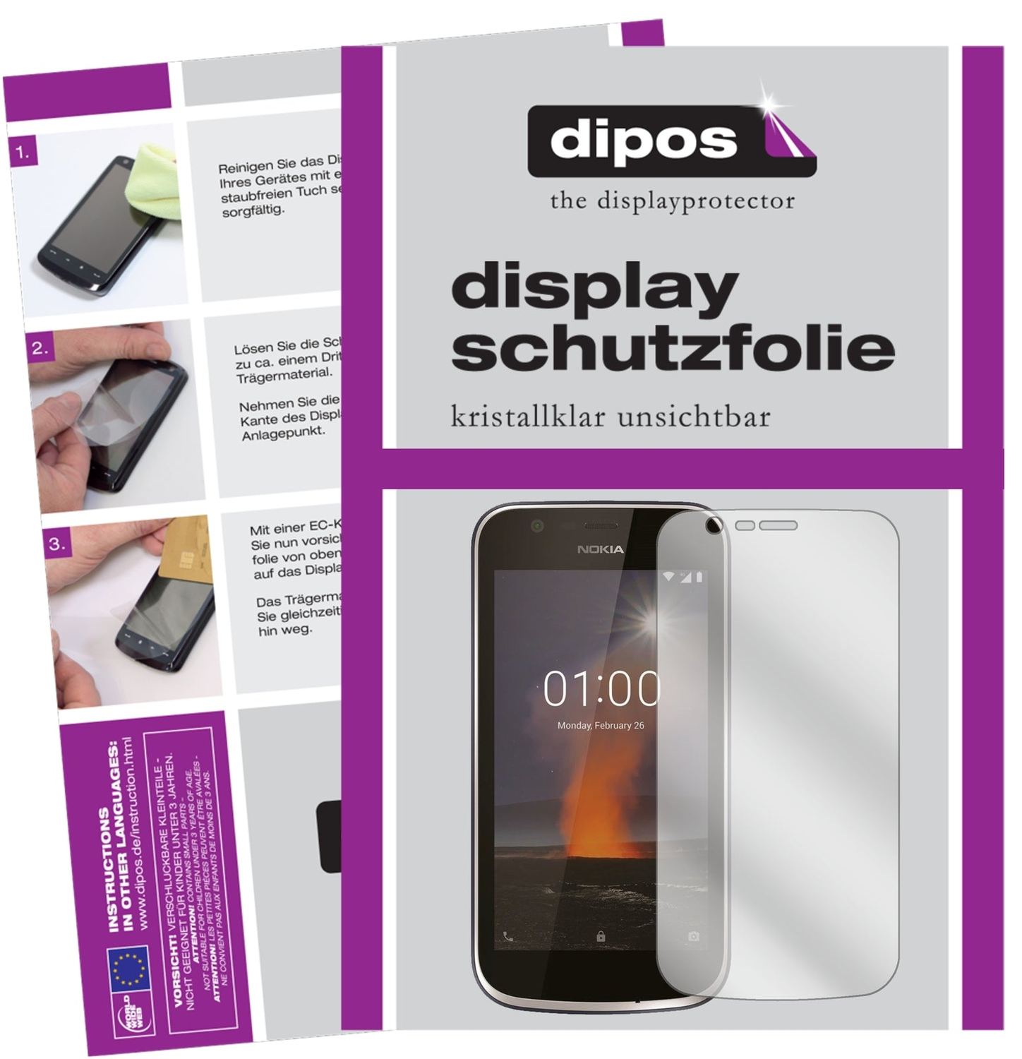 Klare Displayschutzfolie von dipos passend für Nokia 1, präziser Zuschnitt und blasenfrei montiert