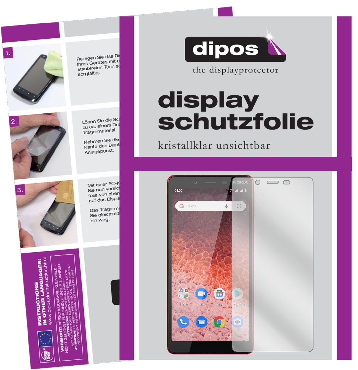 Klare Displayschutzfolie von dipos passend für Nokia 1 Plus, präziser Zuschnitt und blasenfrei montiert