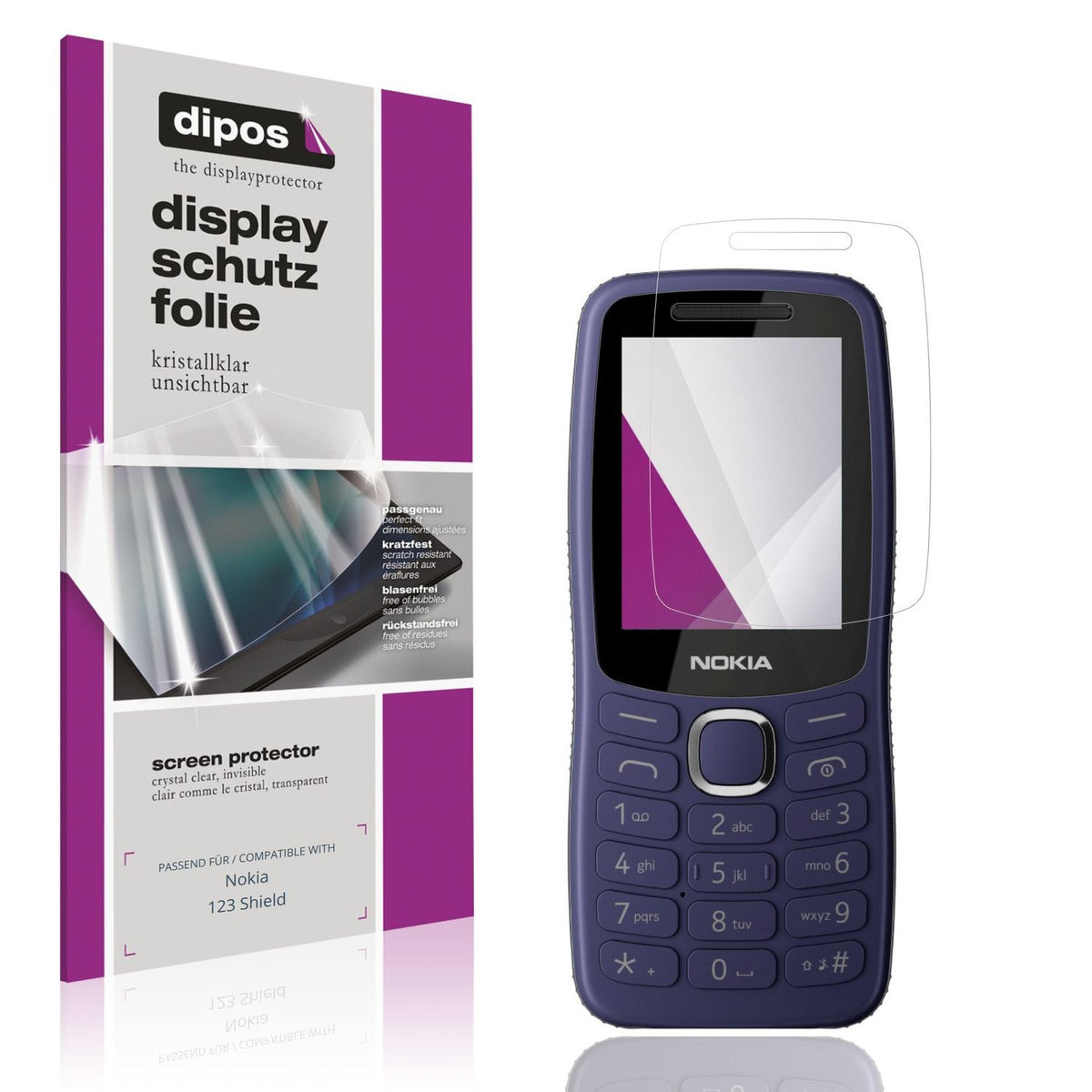 Klare Displayschutzfolie von dipos passend für Nokia 123 Shield, präziser Zuschnitt und blasenfrei montiert