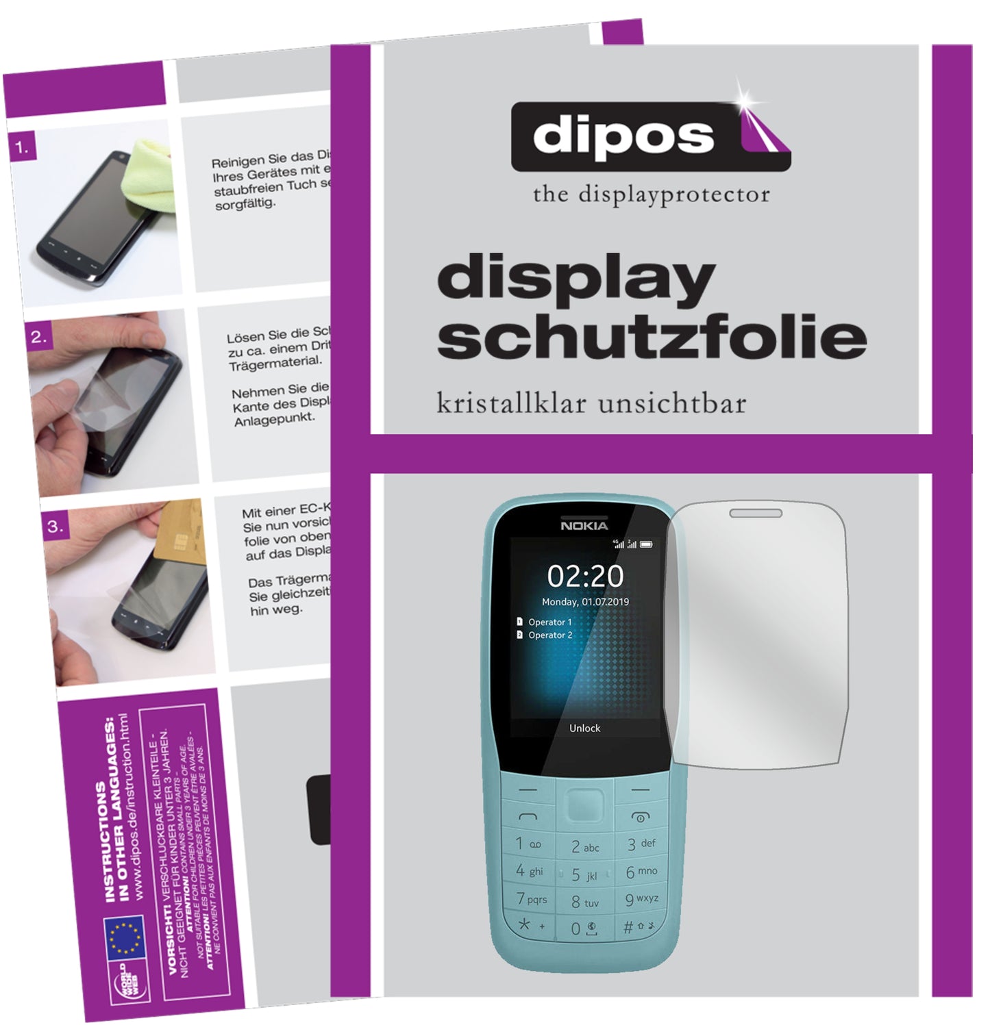 Klare Displayschutzfolie von dipos passend für Nokia 220 4G, präziser Zuschnitt und blasenfrei montiert