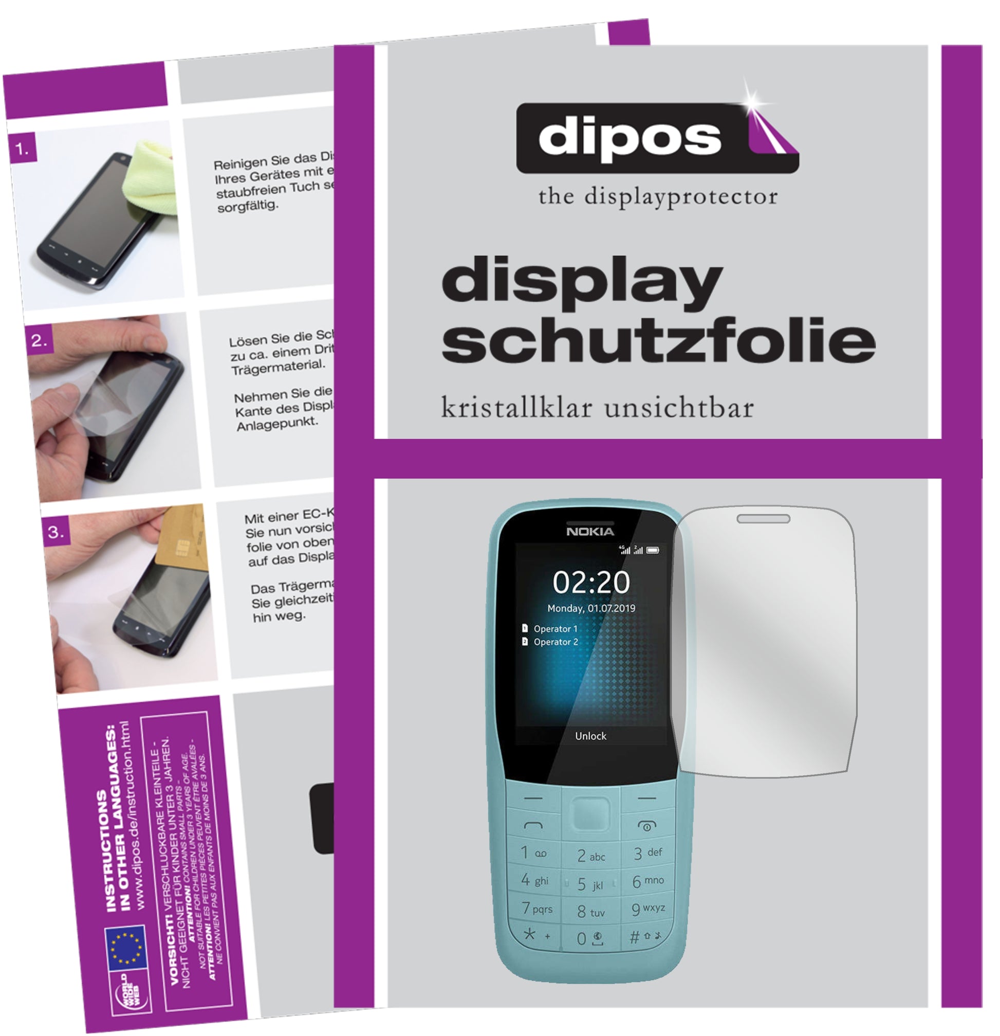 Klare Displayschutzfolie von dipos passend für Nokia 220 4G, präziser Zuschnitt und blasenfrei montiert