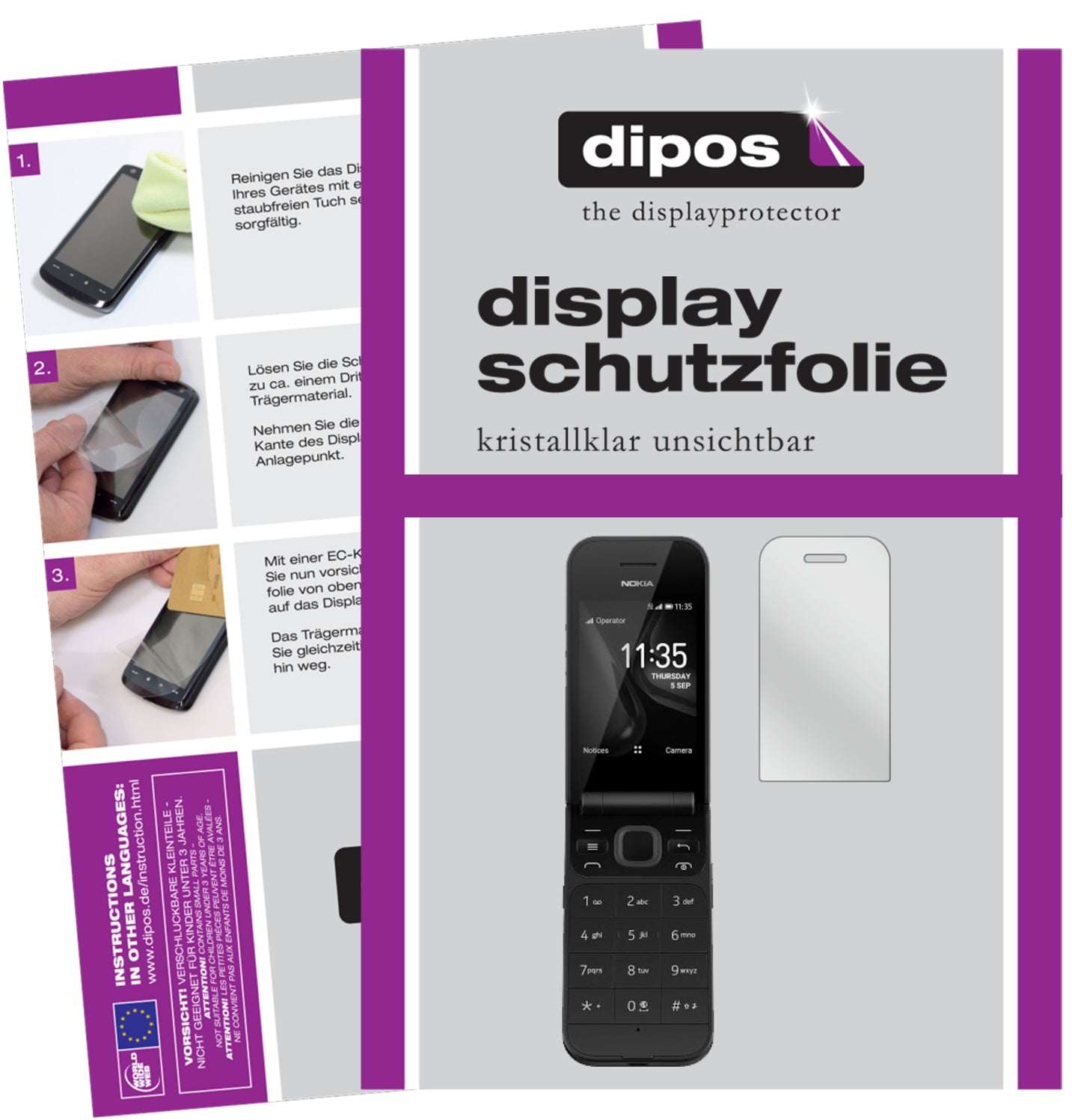 Klare Displayschutzfolie von dipos passend für Nokia 2720 Flip, präziser Zuschnitt und blasenfrei montiert