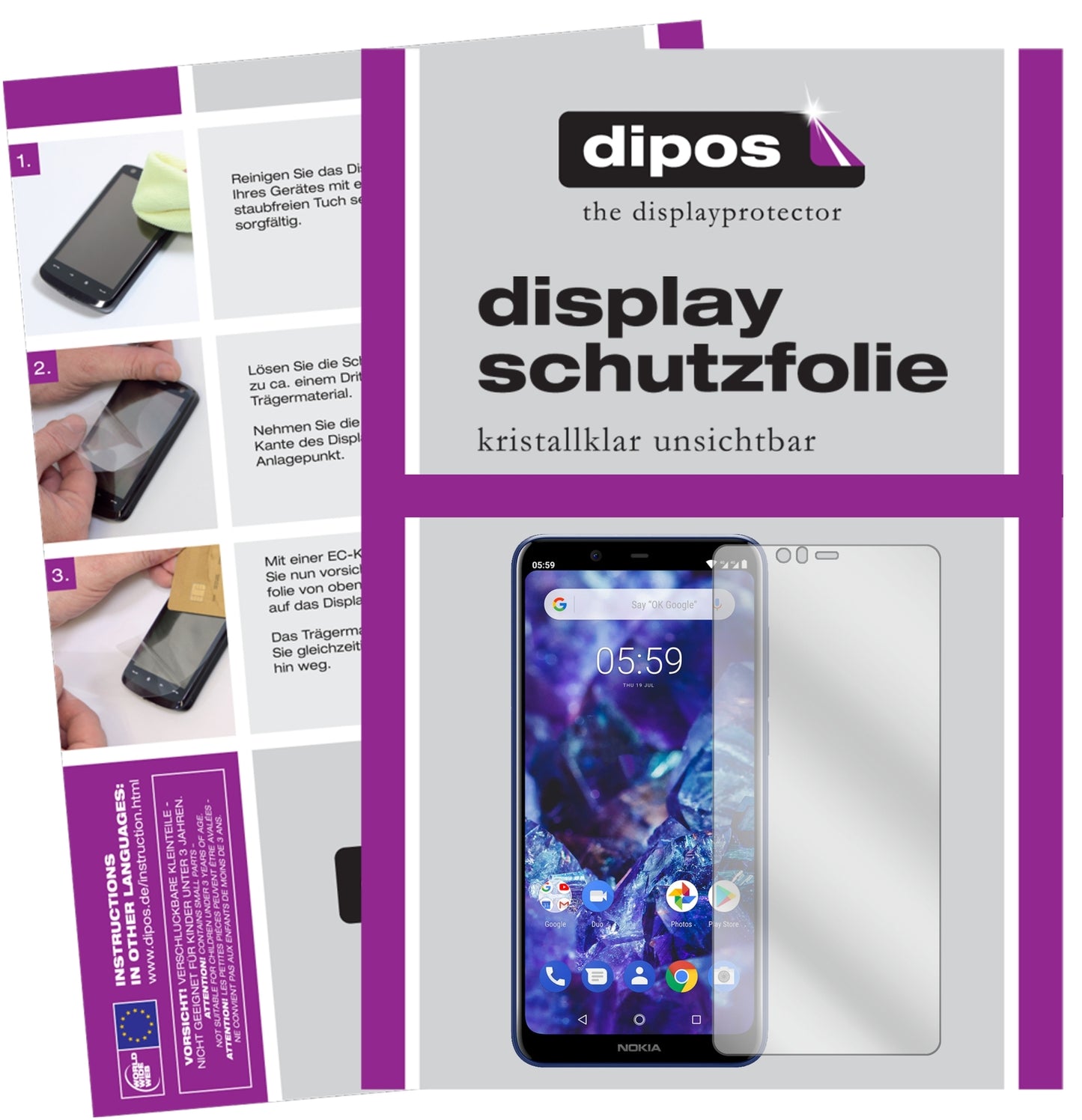Klare Displayschutzfolie von dipos passend für Nokia 5.1 Plus, präziser Zuschnitt und blasenfrei montiert