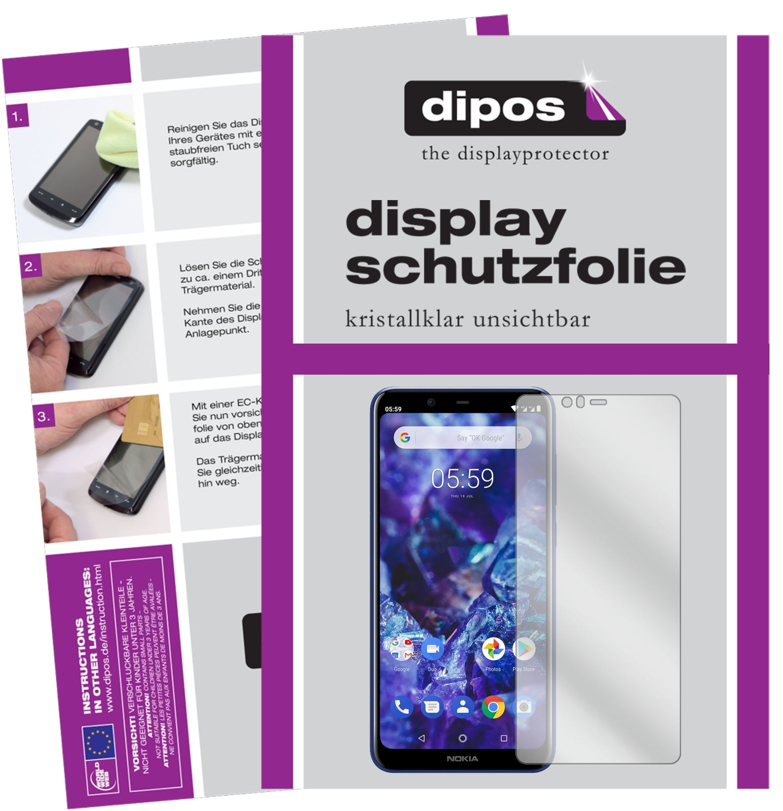 Klare Displayschutzfolie von dipos passend für Nokia 5.1 Plus, präziser Zuschnitt und blasenfrei montiert