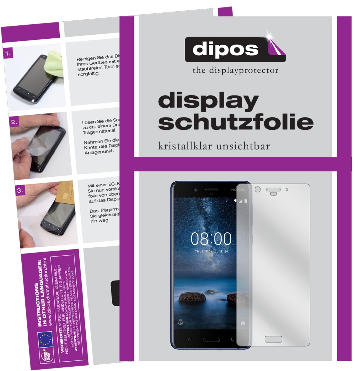 Klare Displayschutzfolie von dipos passend für Nokia 8, präziser Zuschnitt und blasenfrei montiert