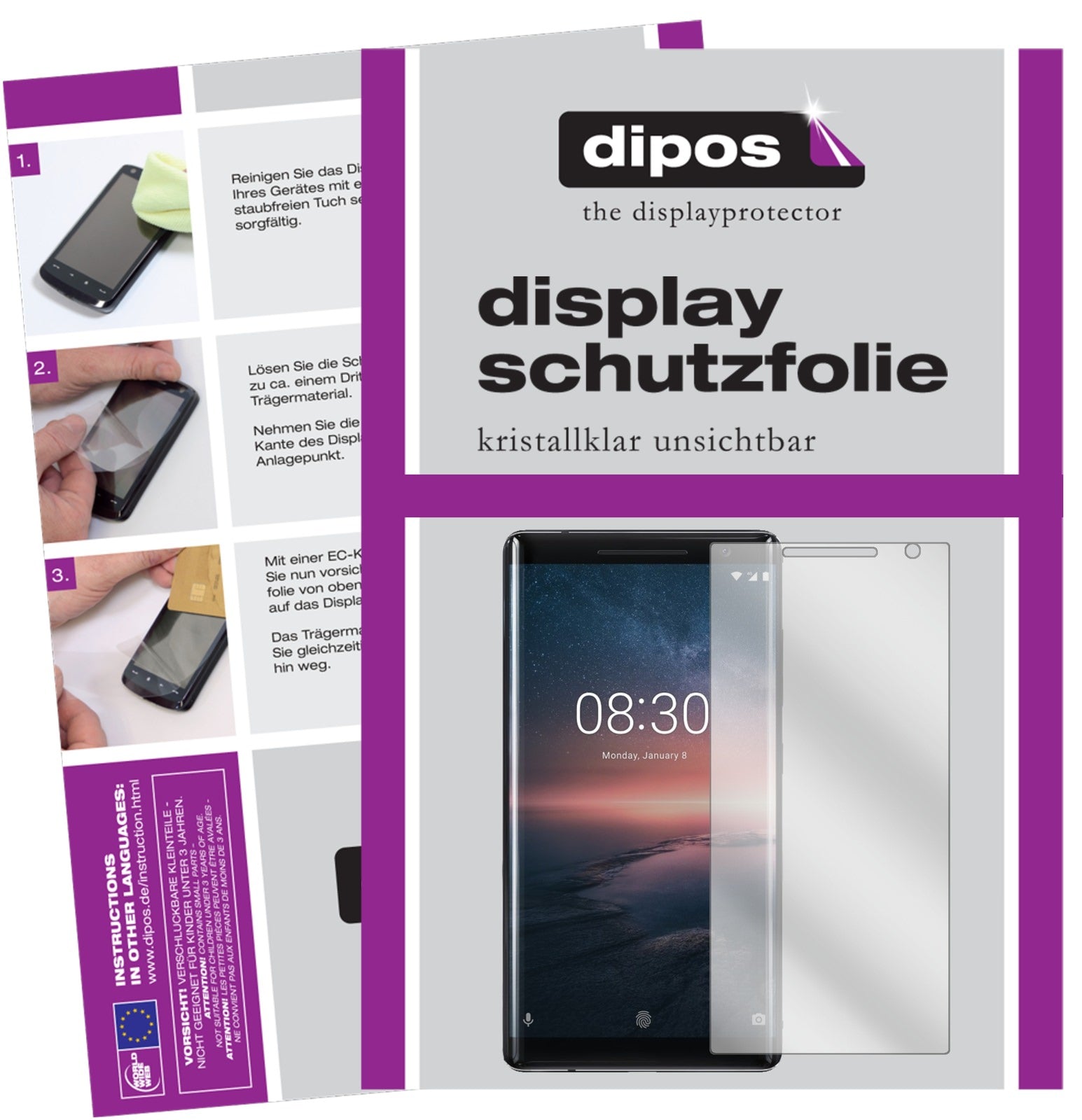 Klare Displayschutzfolie von dipos passend für Nokia 8 Sirocco, präziser Zuschnitt und blasenfrei montiert