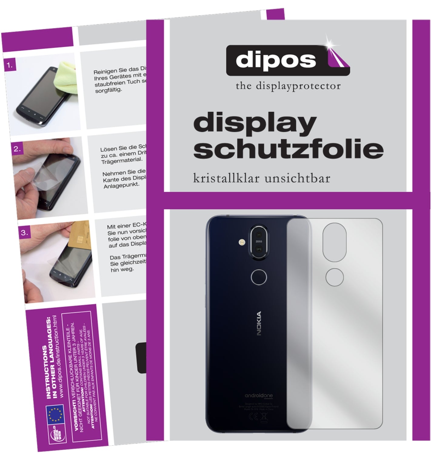Klare Displayschutzfolie von dipos passend für Nokia 8.1 Rückseite, präziser Zuschnitt und blasenfrei montiert
