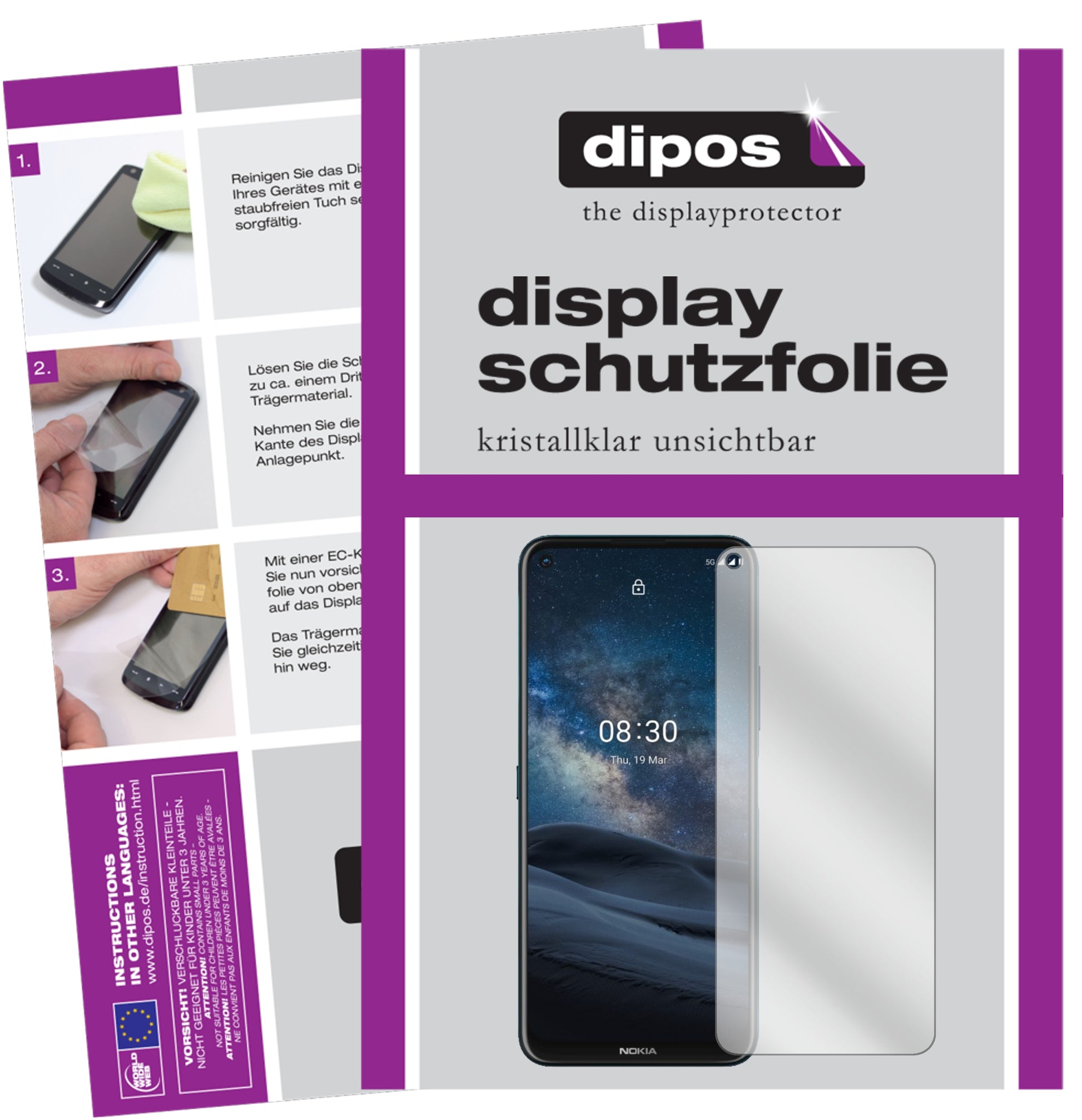 Klare Displayschutzfolie von dipos passend für Nokia 8.3 5G, präziser Zuschnitt und blasenfrei montiert