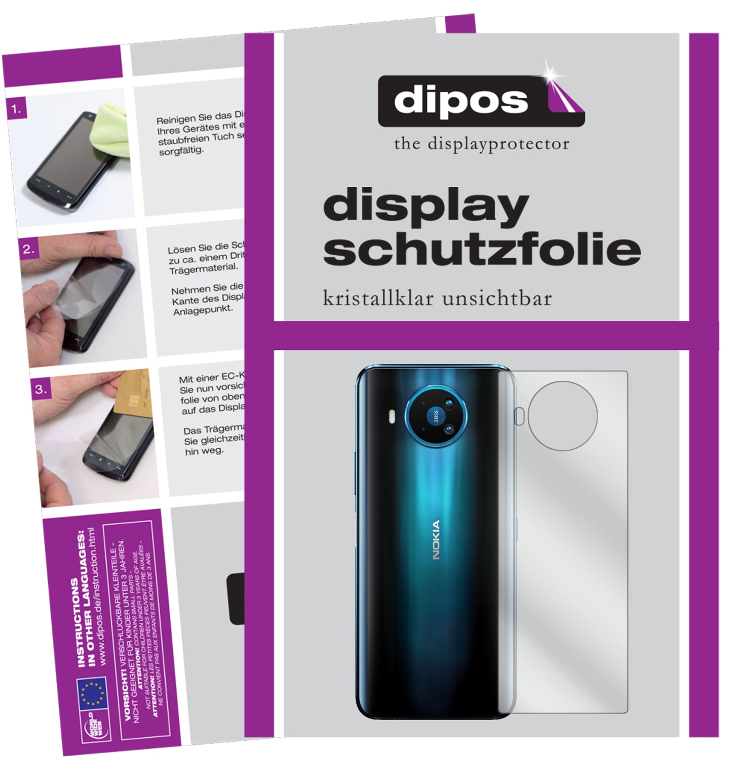 Klare Displayschutzfolie von dipos passend für Nokia 8.3 Rückseite, präziser Zuschnitt und blasenfrei montiert