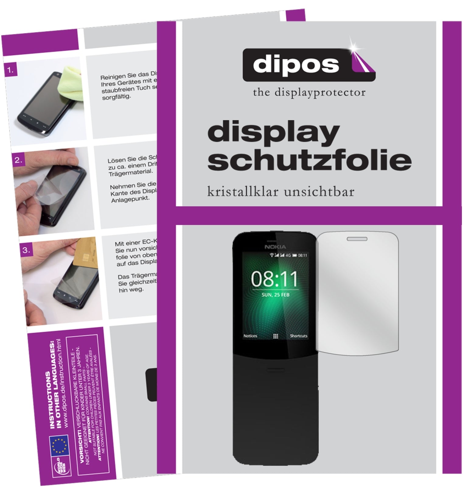 Klare Displayschutzfolie von dipos passend für Nokia 8110 4G, präziser Zuschnitt und blasenfrei montiert