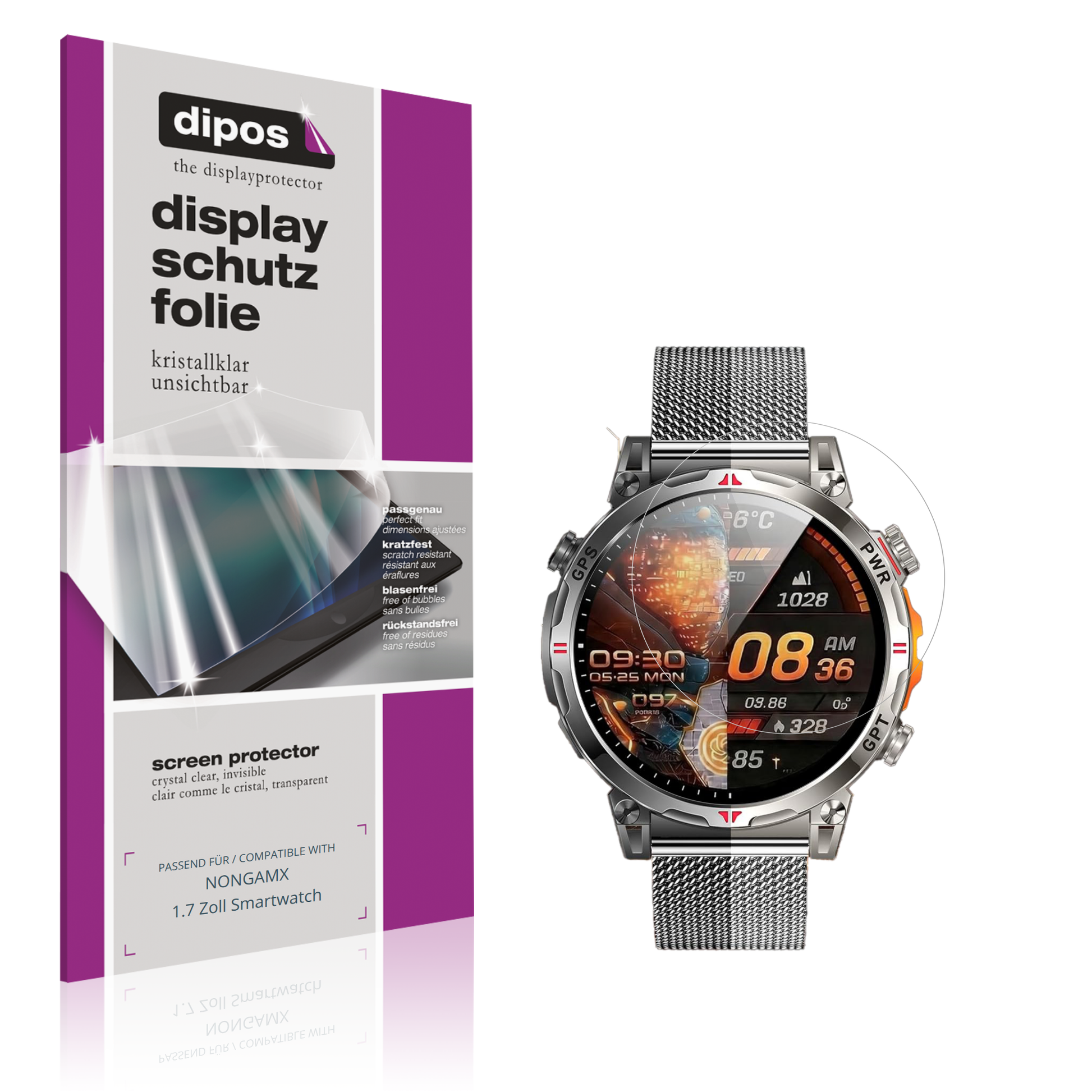 Klare Displayschutzfolie von dipos passend für NONGAMX 1.7 Zoll Smartwatch, präziser Zuschnitt und blasenfrei montiert
