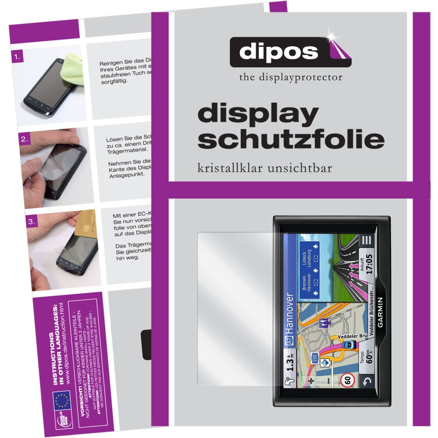 Klare Displayschutzfolie von dipos passend für nüvi 67 LMT / 68 LMT Garmin, präziser Zuschnitt und blasenfrei montiert