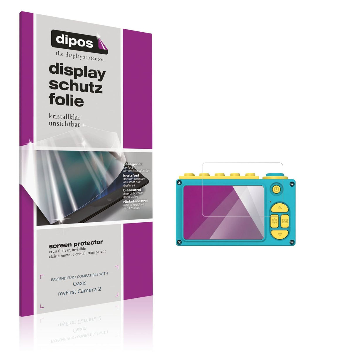 Klare Displayschutzfolie von dipos passend für Oaxis myFirst Camera 2, präziser Zuschnitt und blasenfrei montiert