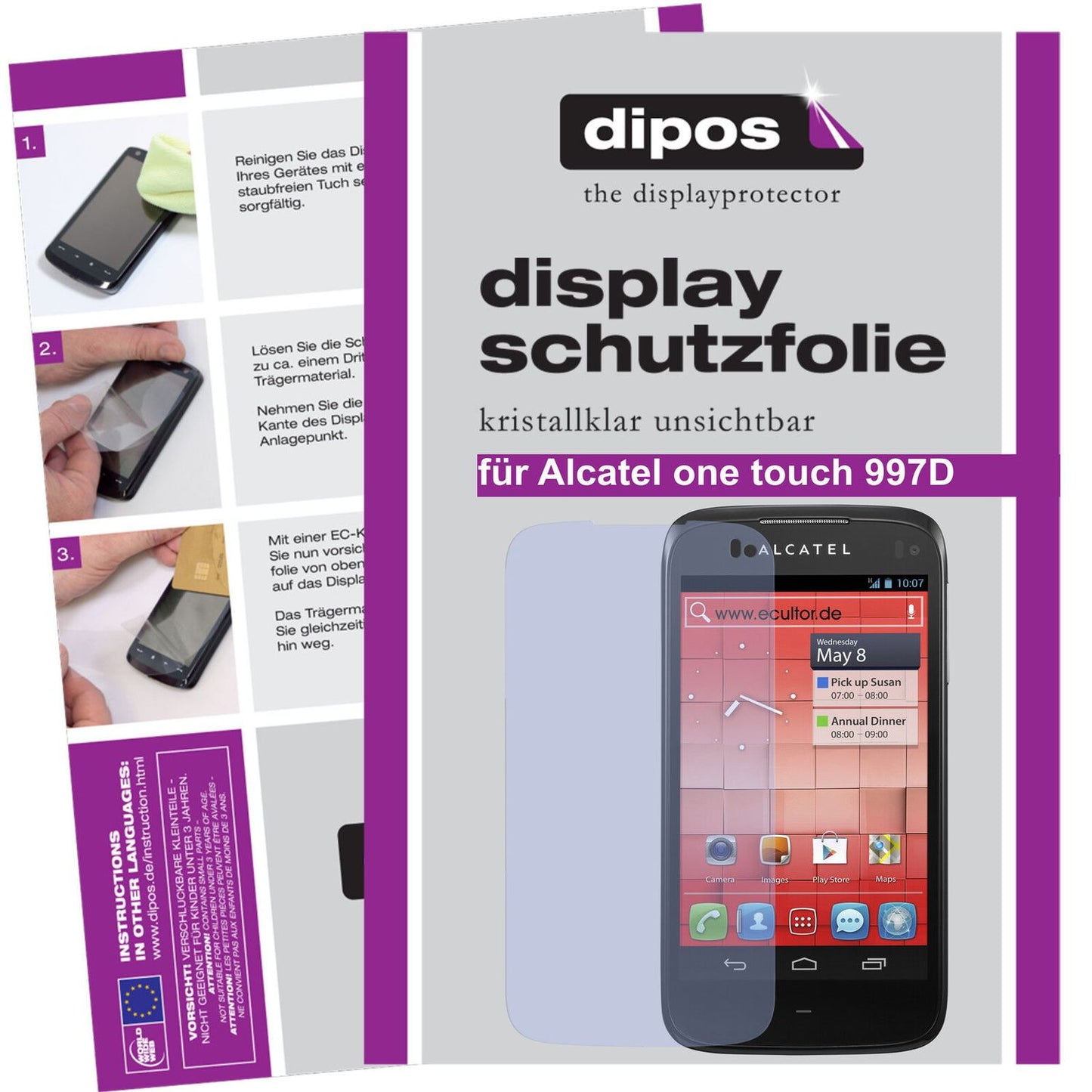 Klare Displayschutzfolie von dipos passend für One Touch 997D Alcatel, präziser Zuschnitt und blasenfrei montiert