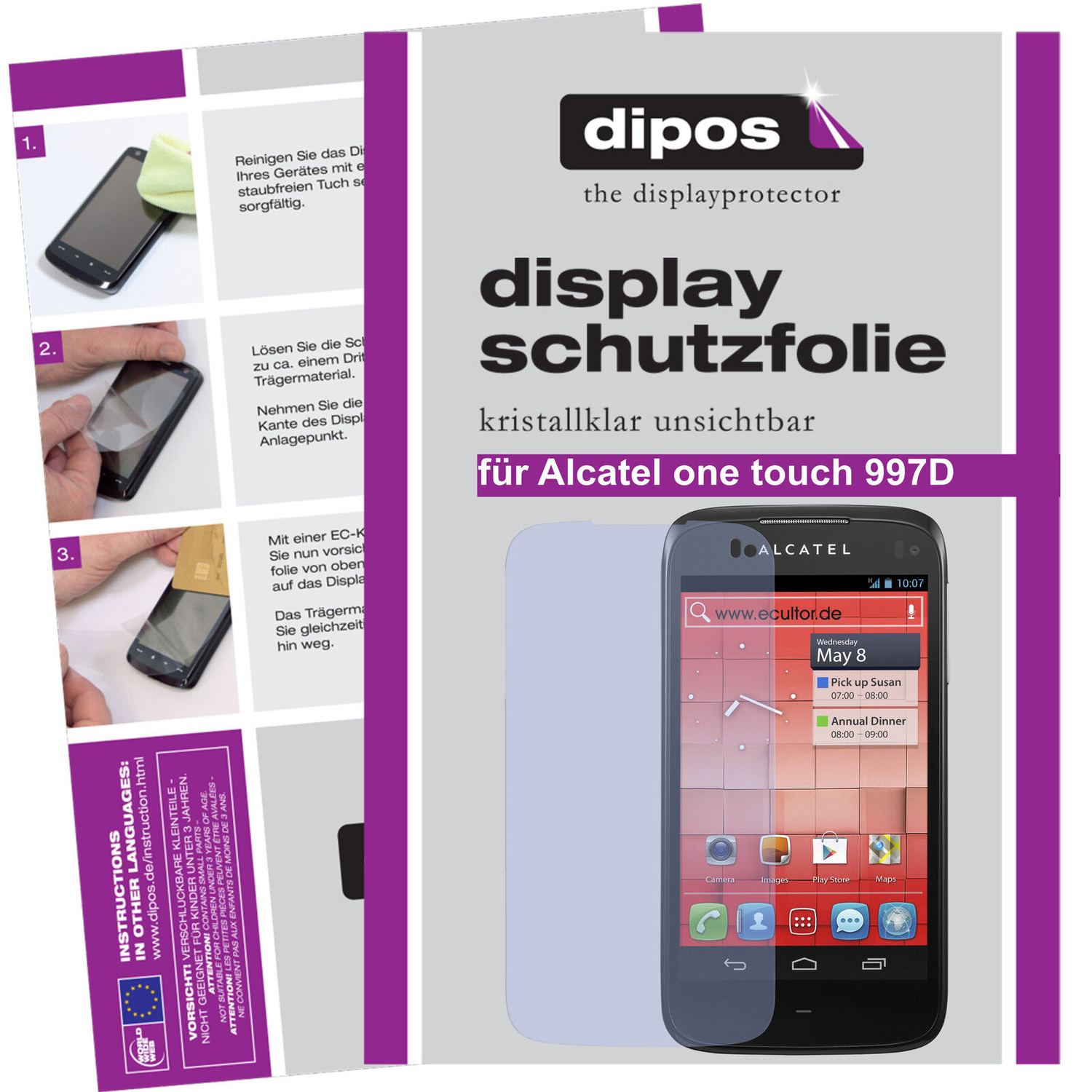 Klare Displayschutzfolie von dipos passend für One Touch 997D Alcatel, präziser Zuschnitt und blasenfrei montiert