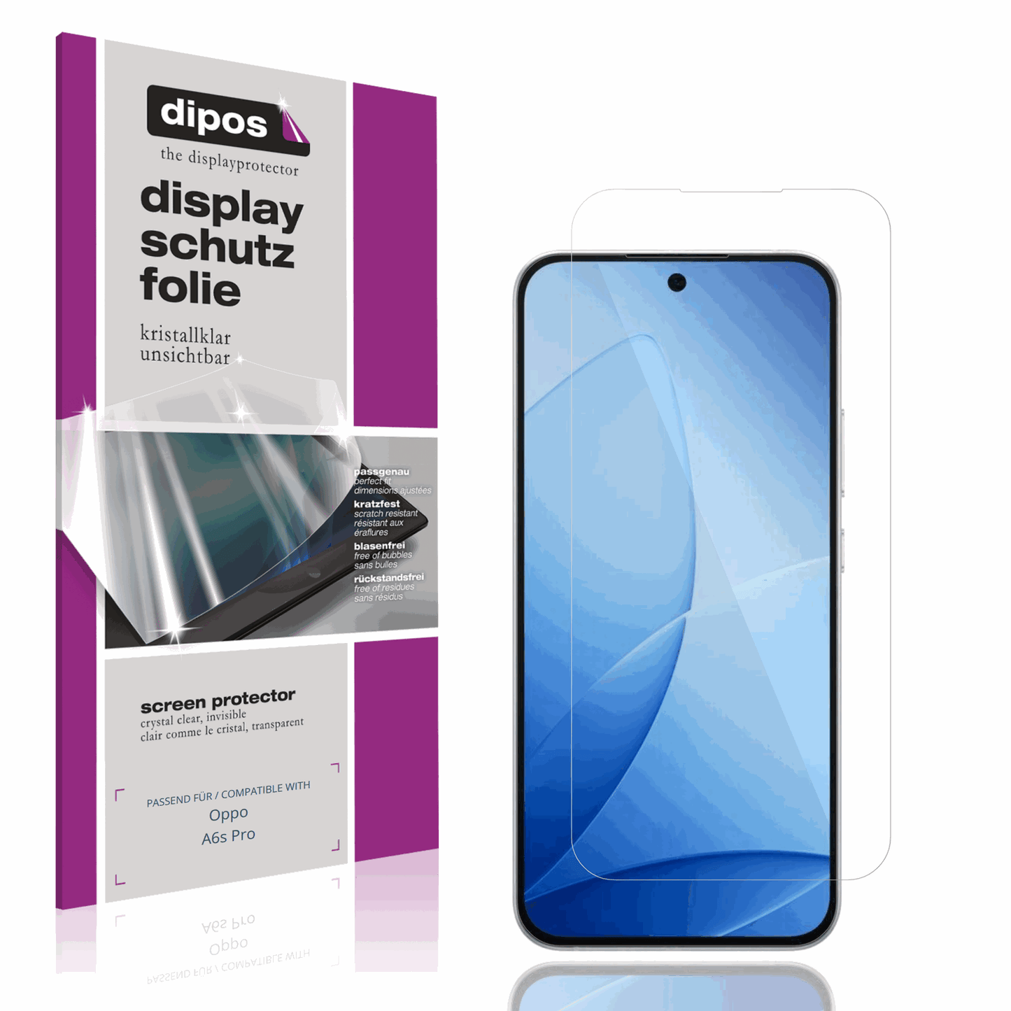 Klare Displayschutzfolie von dipos passend für Oppo A6s Pro, präziser Zuschnitt und blasenfrei montiert