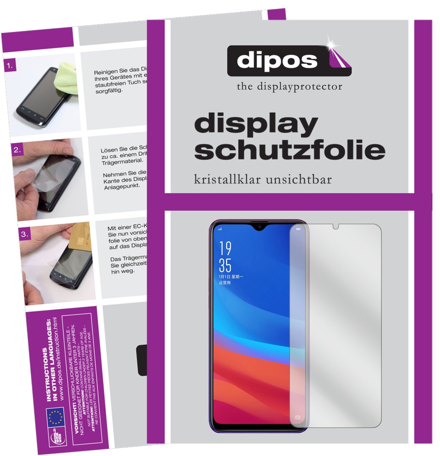 Klare Displayschutzfolie von dipos passend für Oppo A7x, präziser Zuschnitt und blasenfrei montiert