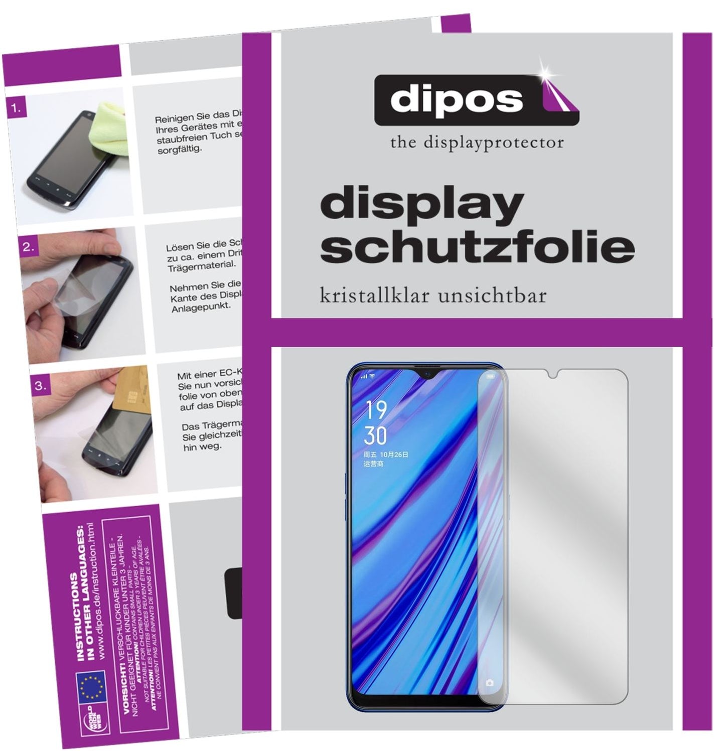 Klare Displayschutzfolie von dipos passend für Oppo A9, präziser Zuschnitt und blasenfrei montiert