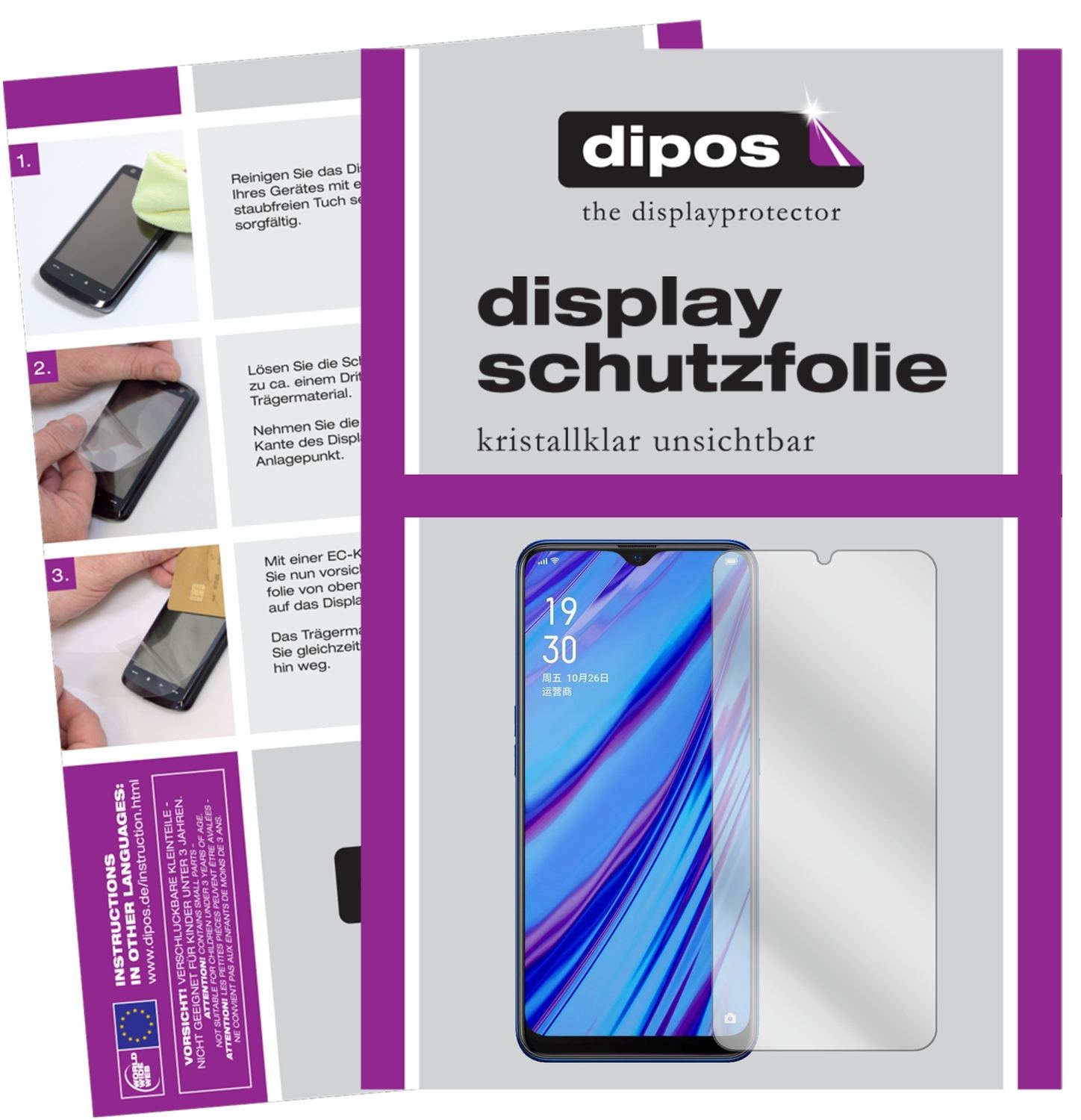 Klare Displayschutzfolie von dipos passend für Oppo A9, präziser Zuschnitt und blasenfrei montiert