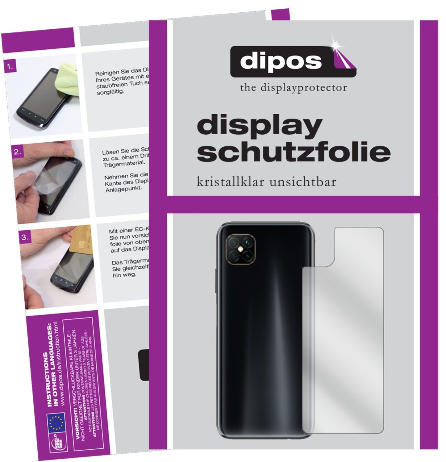 Klare Displayschutzfolie von dipos passend für Oppo A92s Rückseite, präziser Zuschnitt und blasenfrei montiert