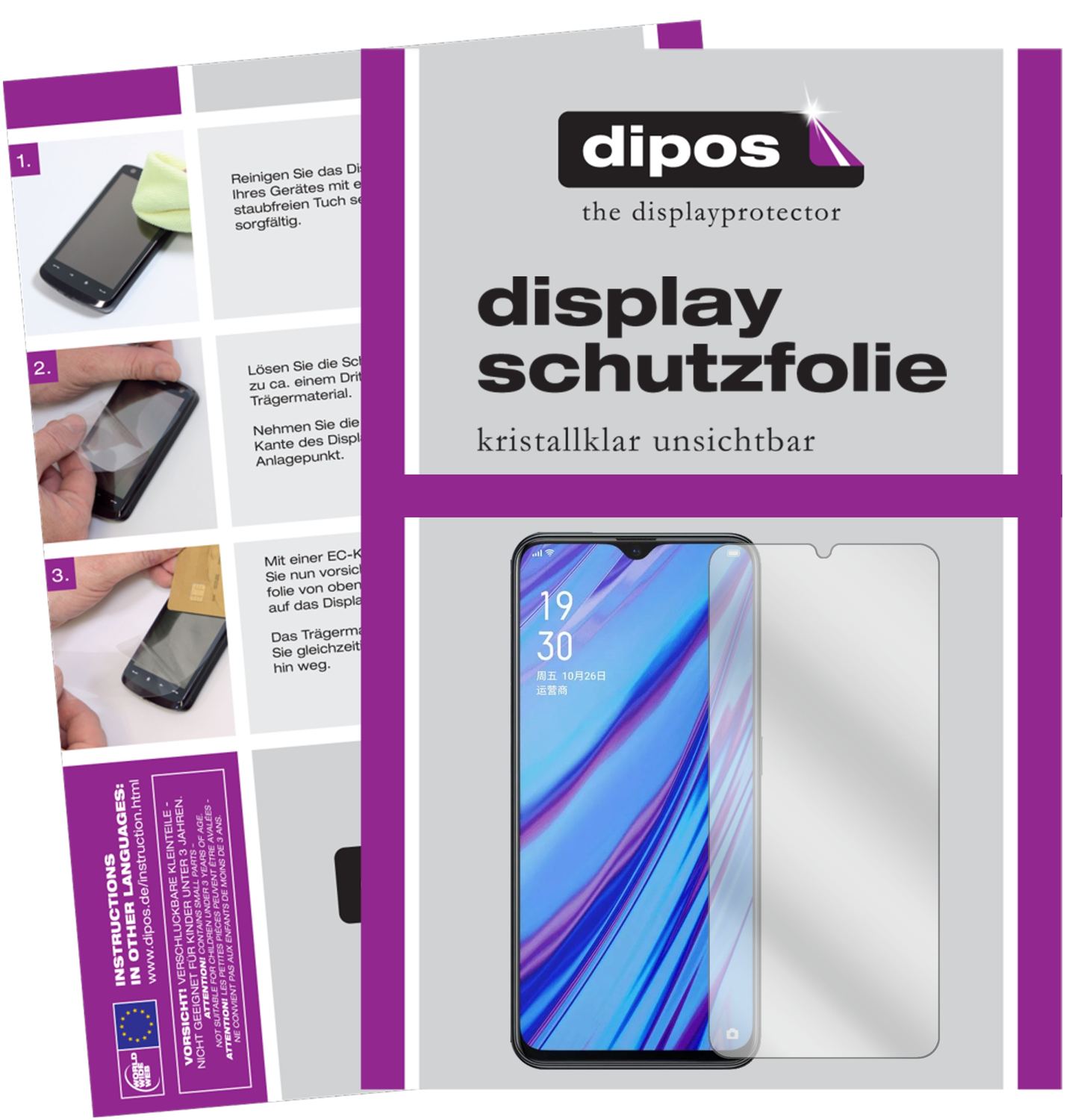 Klare Displayschutzfolie von dipos passend für Oppo A9x, präziser Zuschnitt und blasenfrei montiert