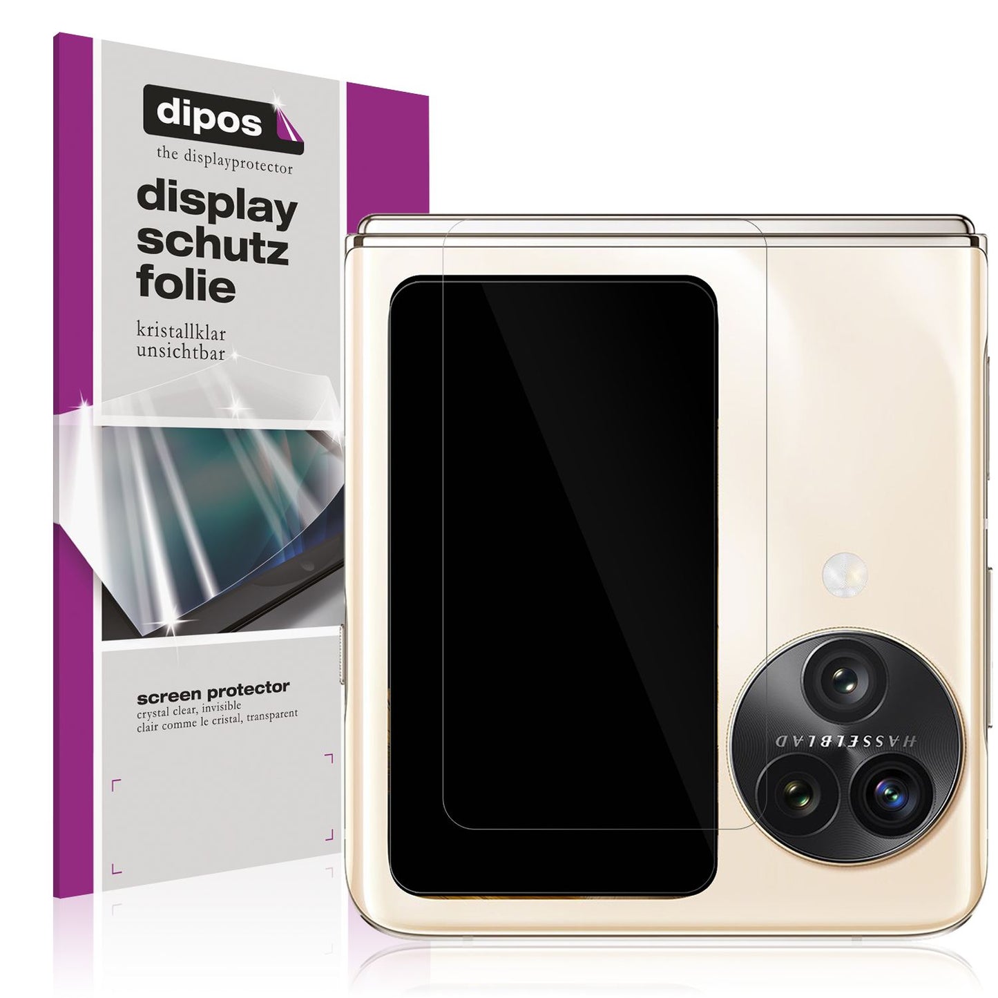 Klare Displayschutzfolie von dipos passend für Oppo Find N3 Flip Aussenseite, präziser Zuschnitt und blasenfrei montiert
