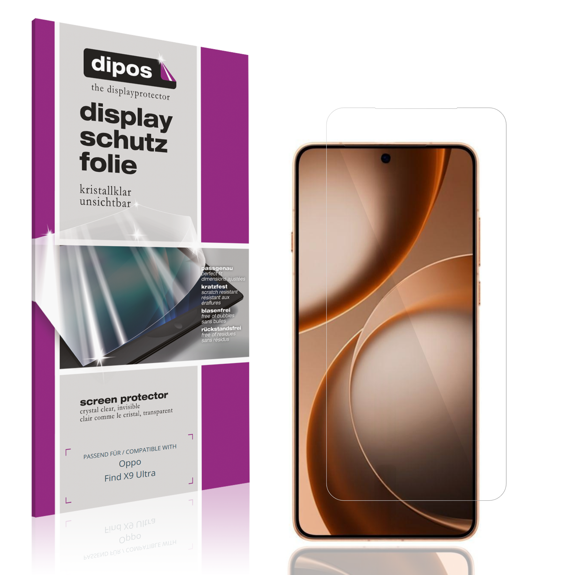 Klare Displayschutzfolie von dipos passend für Oppo Find X9 Ultra, präziser Zuschnitt und blasenfrei montiert