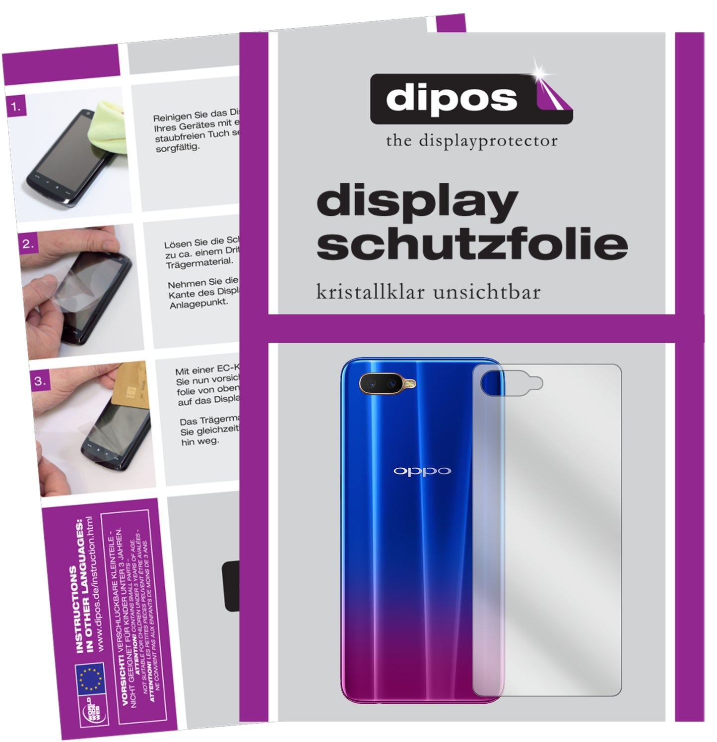 Klare Displayschutzfolie von dipos passend für Oppo RX17 Neo Rückseite, präziser Zuschnitt und blasenfrei montiert