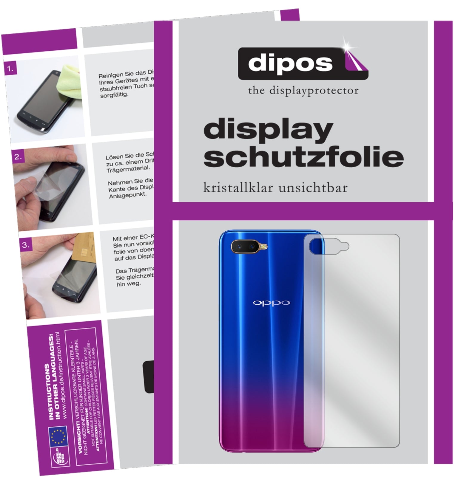 Klare Displayschutzfolie von dipos passend für Oppo RX17 Neo Rückseite, präziser Zuschnitt und blasenfrei montiert